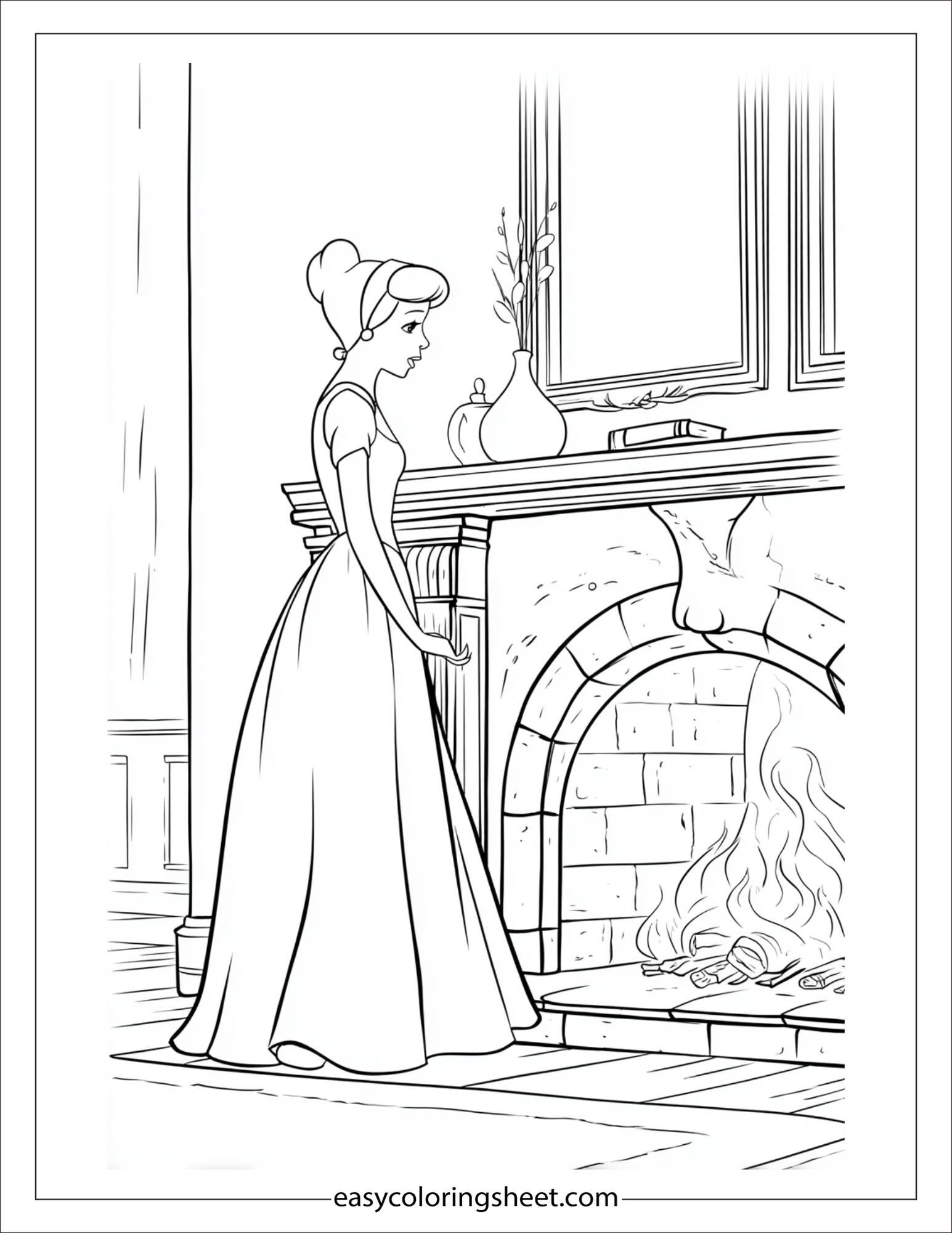 Cinderella standing near fireplace