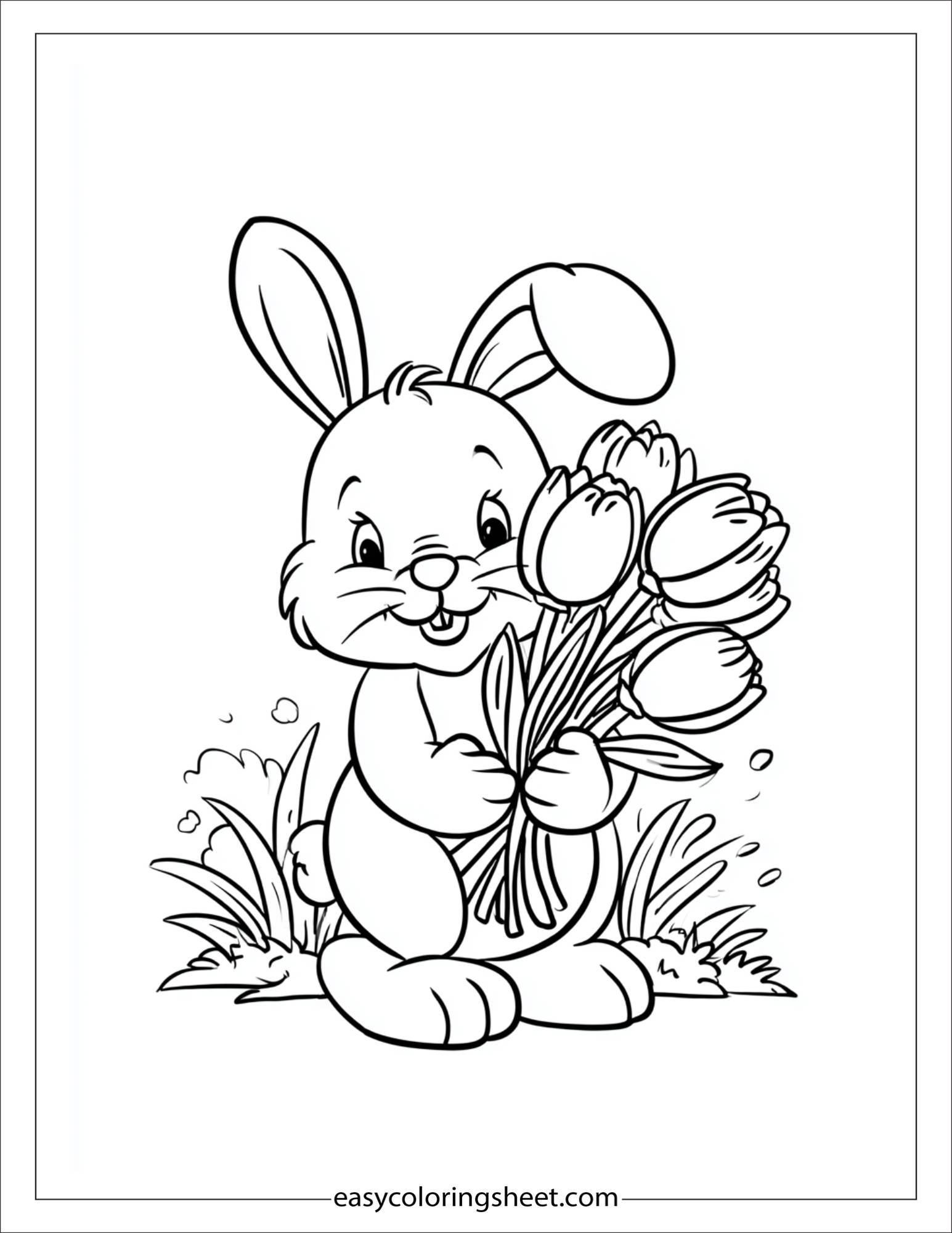 Easter Bunny holding tulip bouquet
