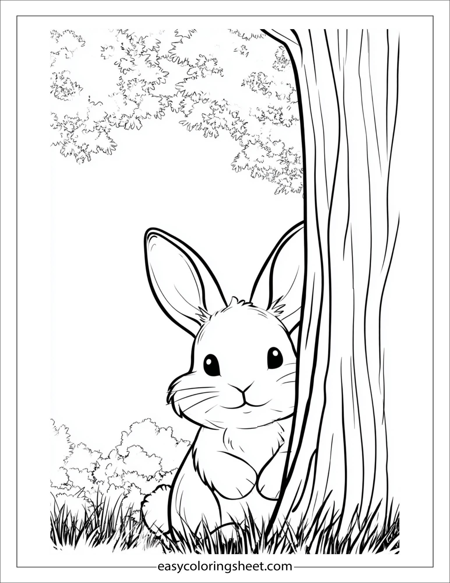 Easter Bunny peeking from behind tree