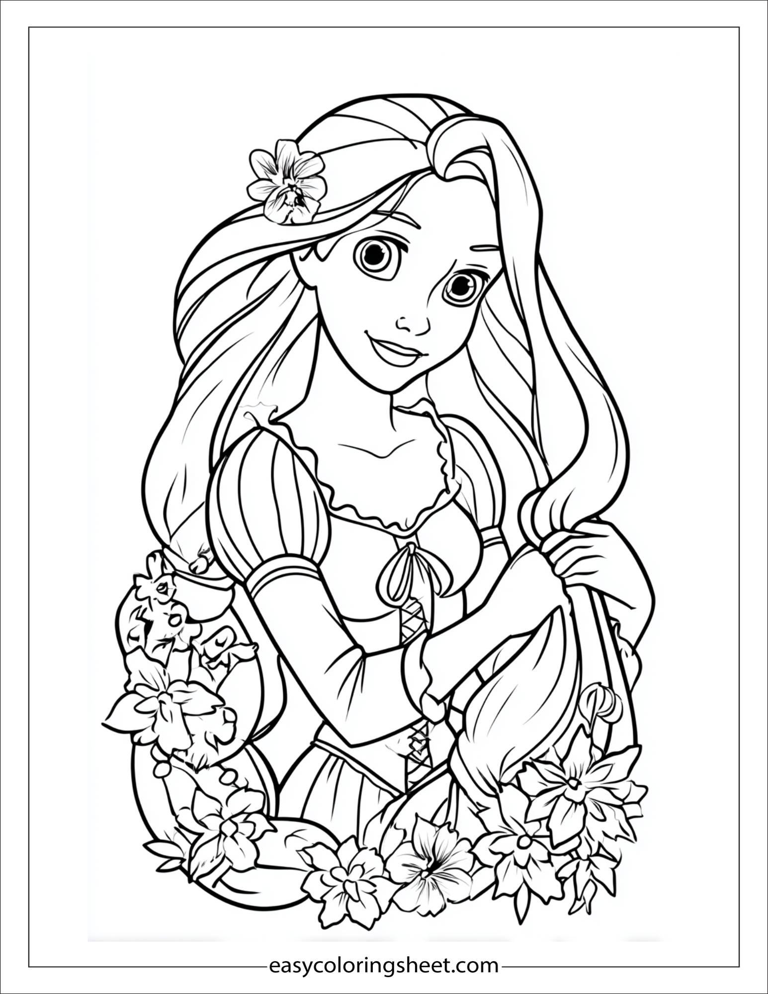 Rapunzel braiding flowers into hair