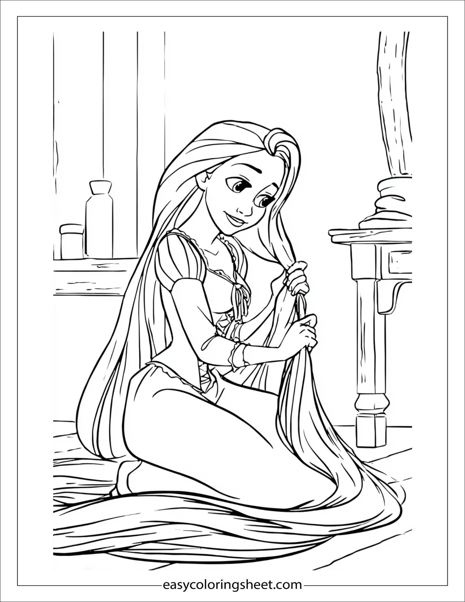 Rapunzel braiding her hair