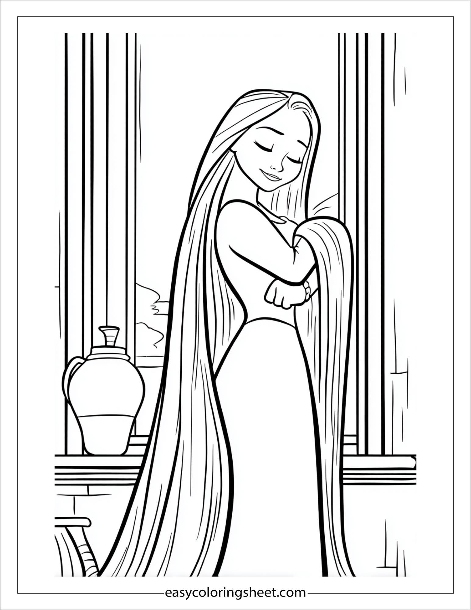 Rapunzel hugging her hair