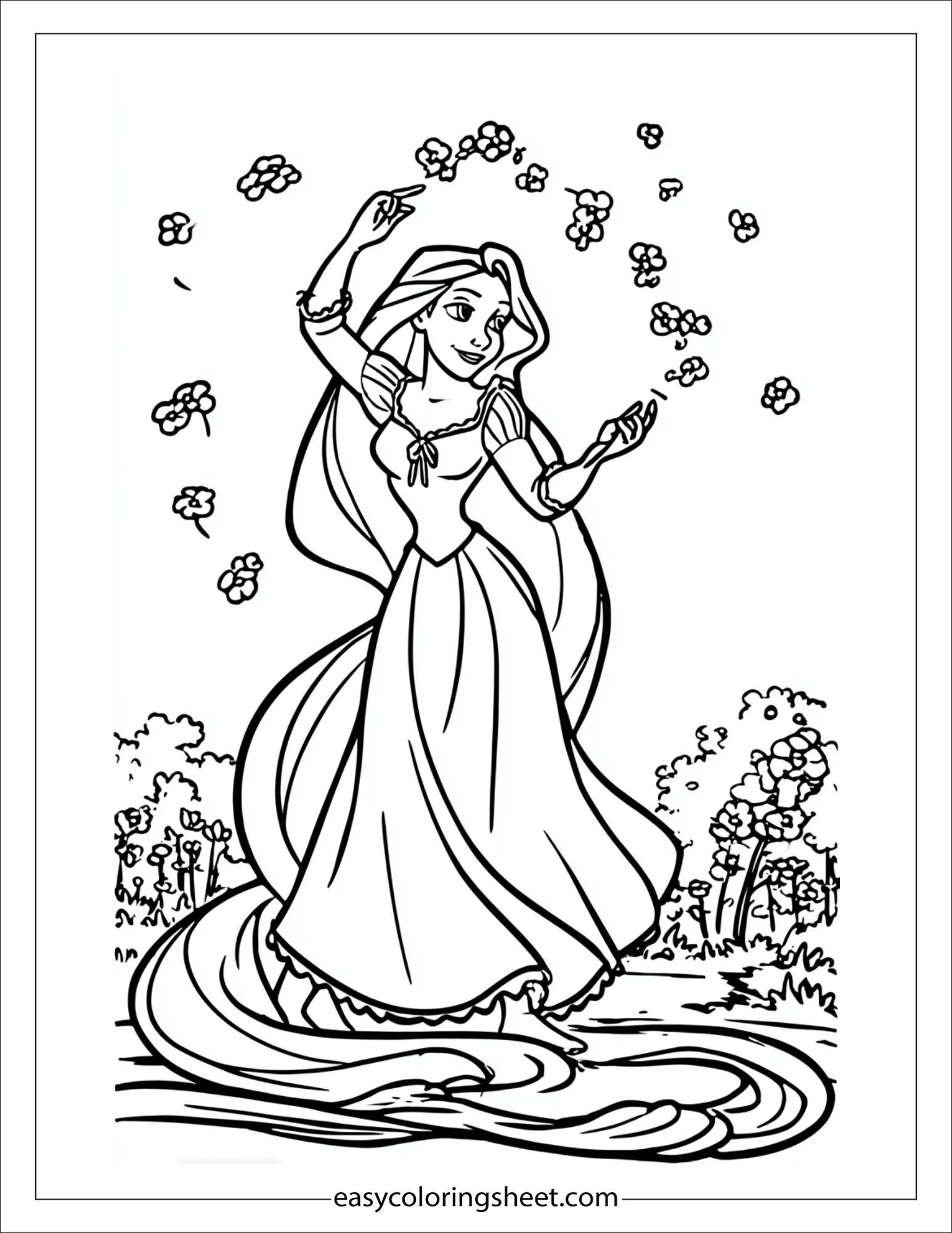 Rapunzel spinning with flowers