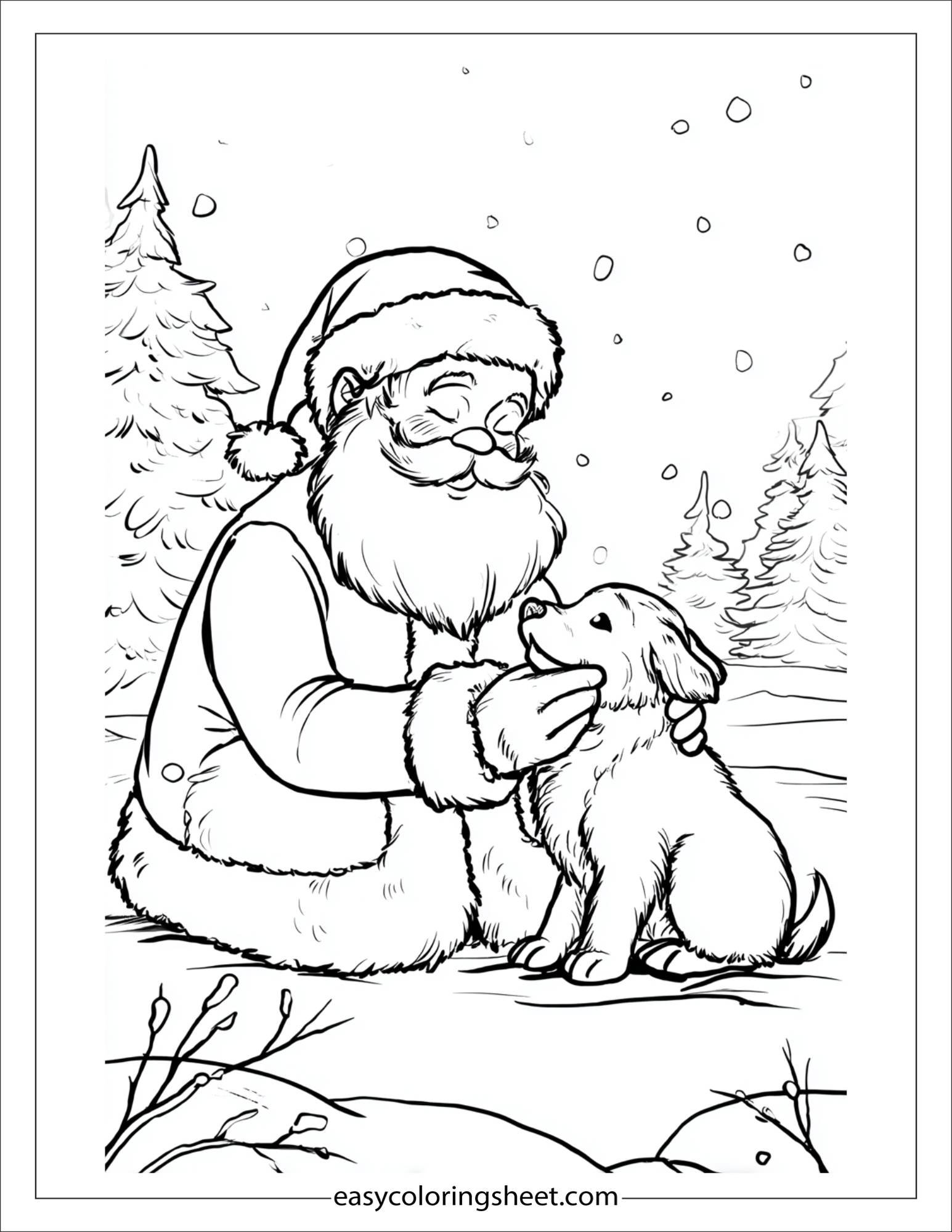 Santa Claus petting a puppy