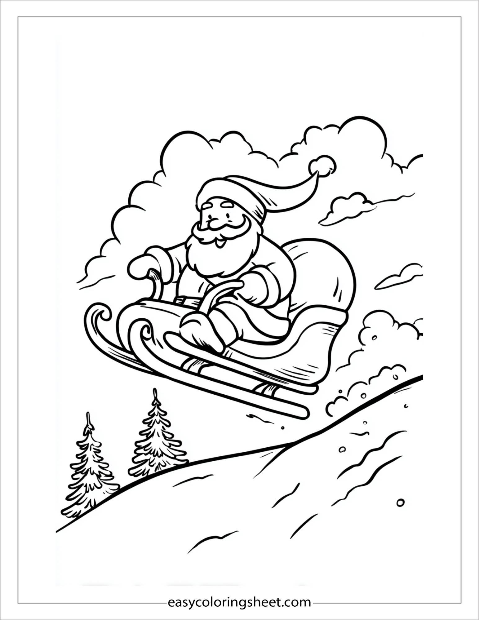 Santa Claus sledding down hill