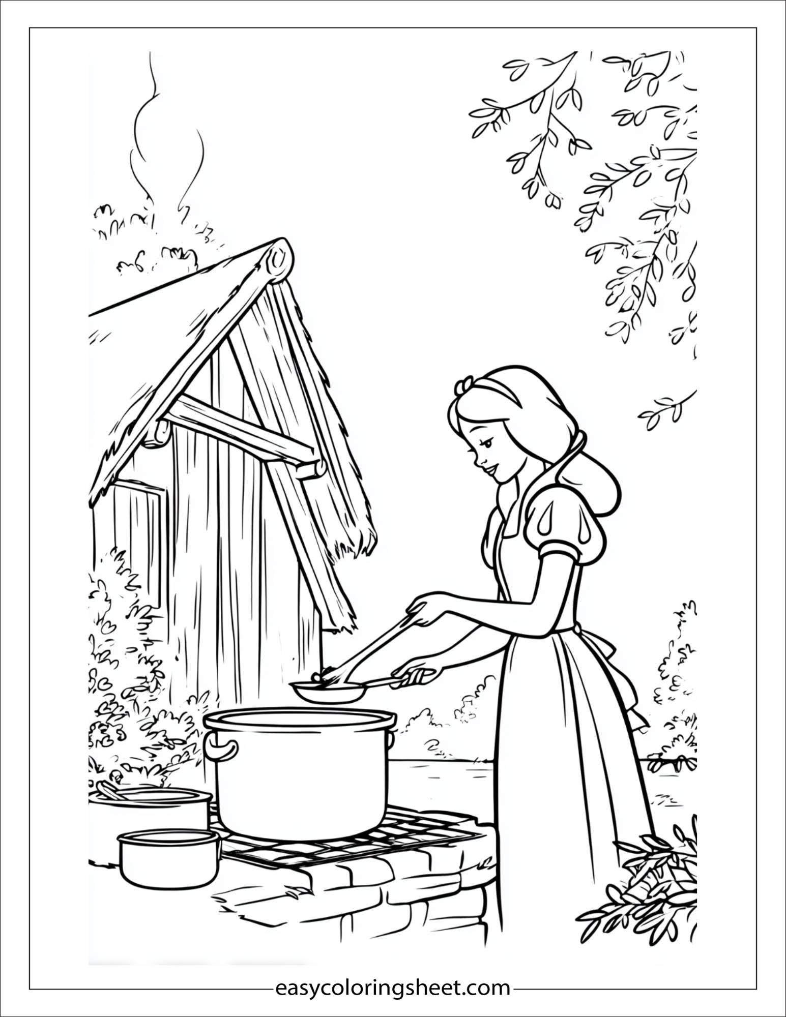 Snow White cooking in cottage