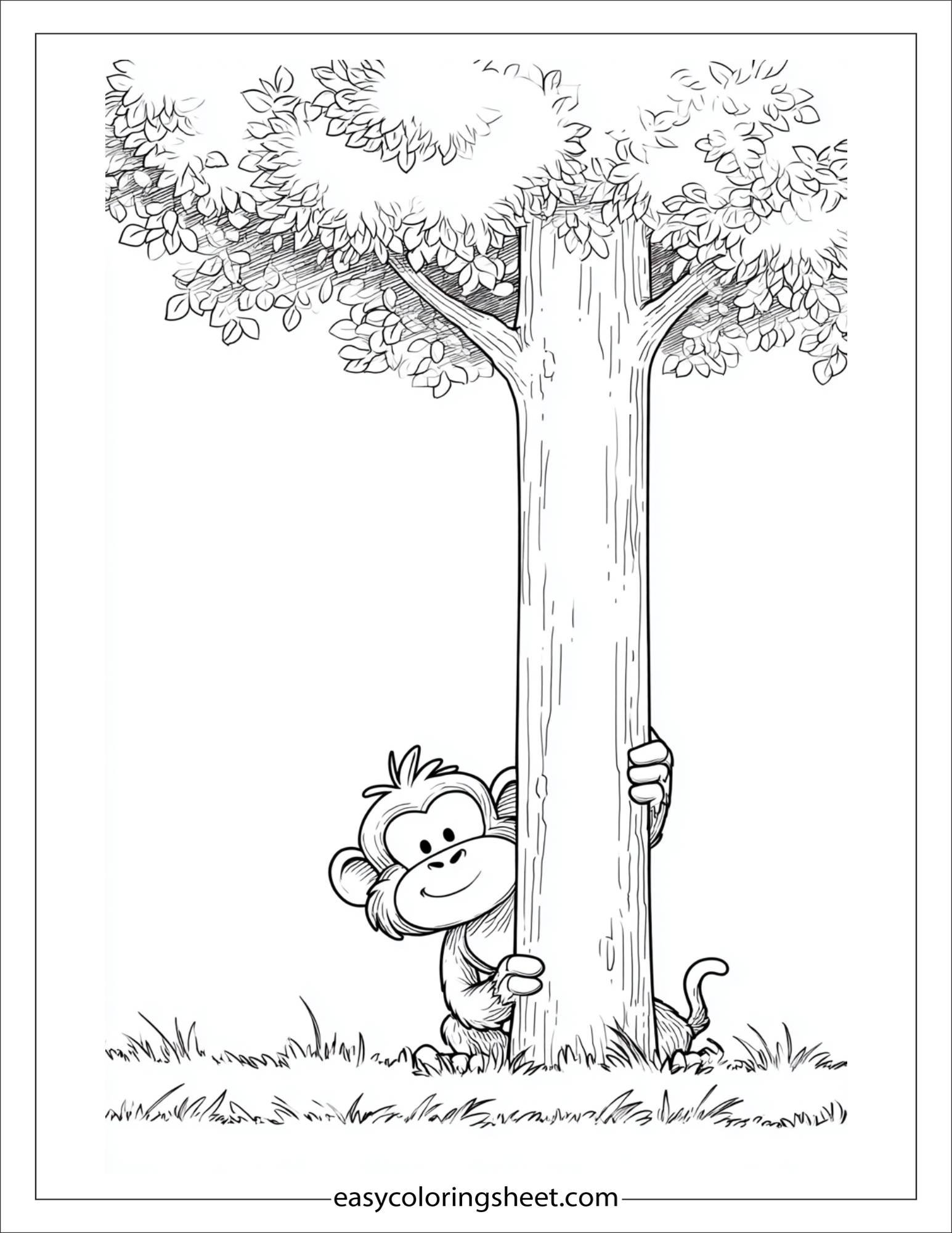 The Mischievous Monkey hiding behind tree