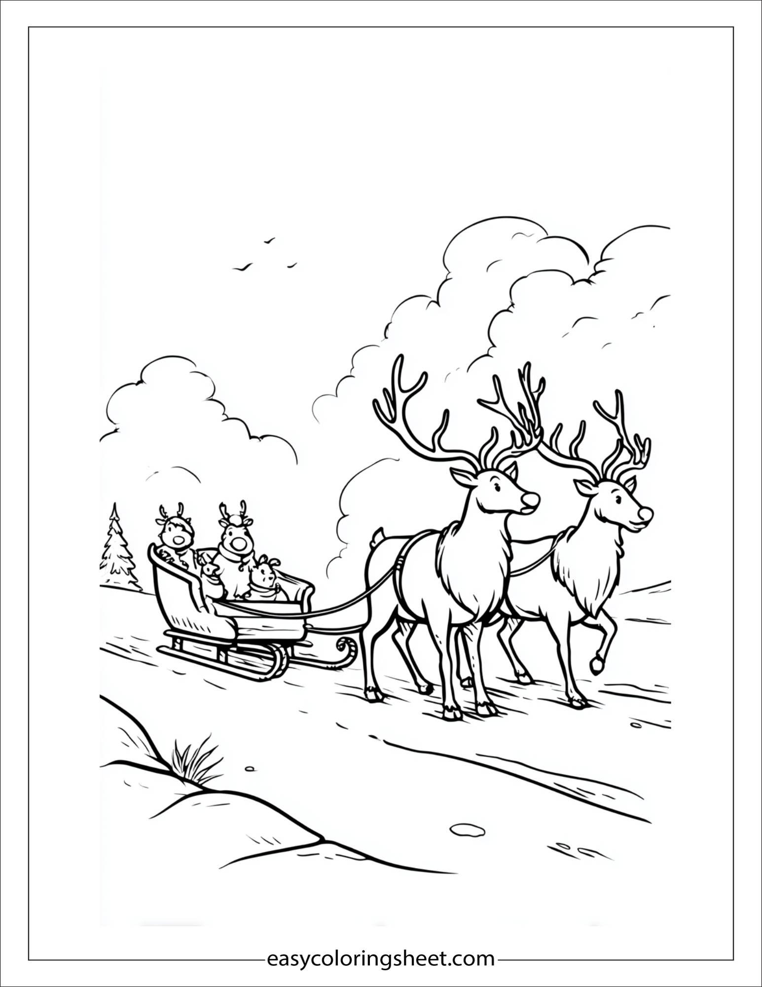 The Reindeer pulling sleigh with friends