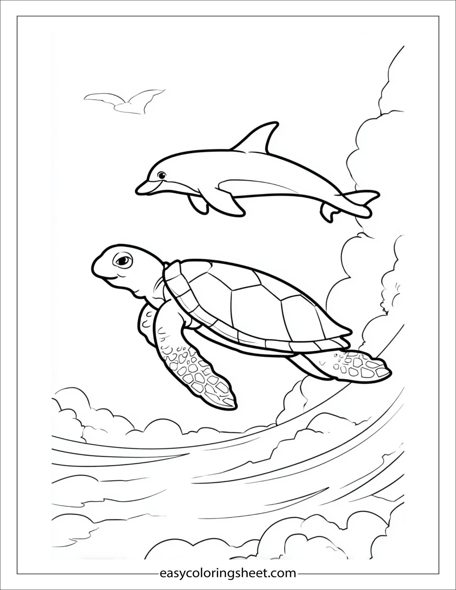 The Sea Turtle racing with dolphin