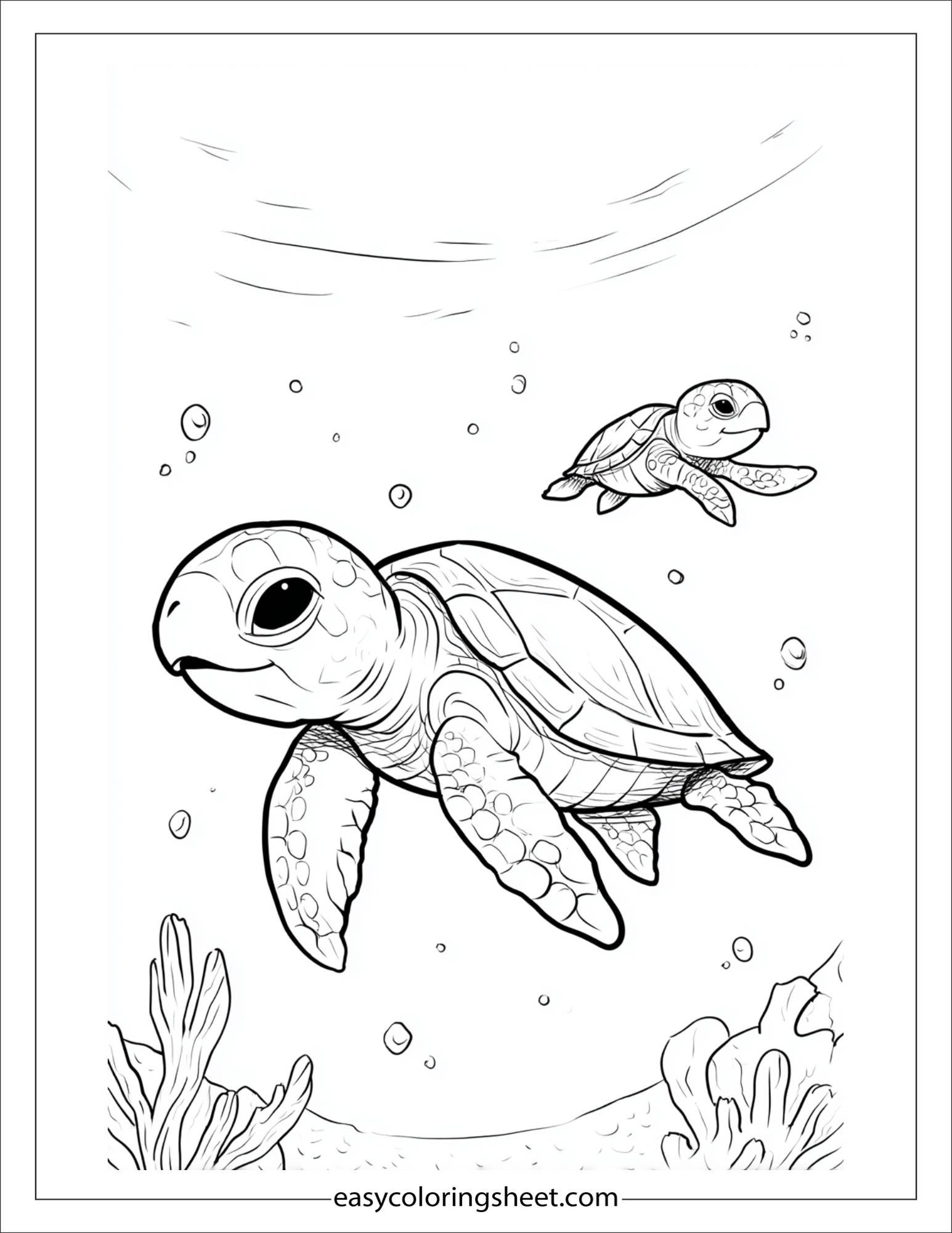 The Sea Turtle swimming with baby turtle