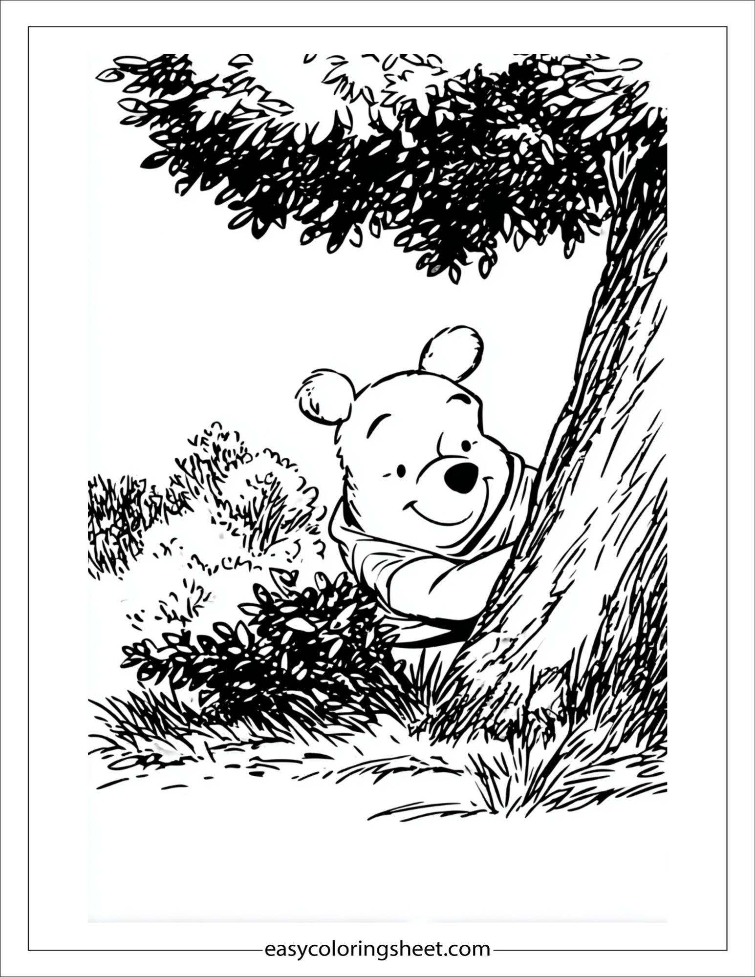Winnie-the-Pooh hiding behind bush