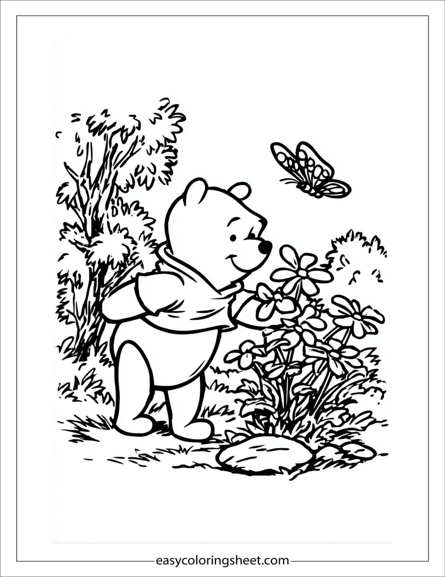 Winnie-the-Pooh looking at butterfly