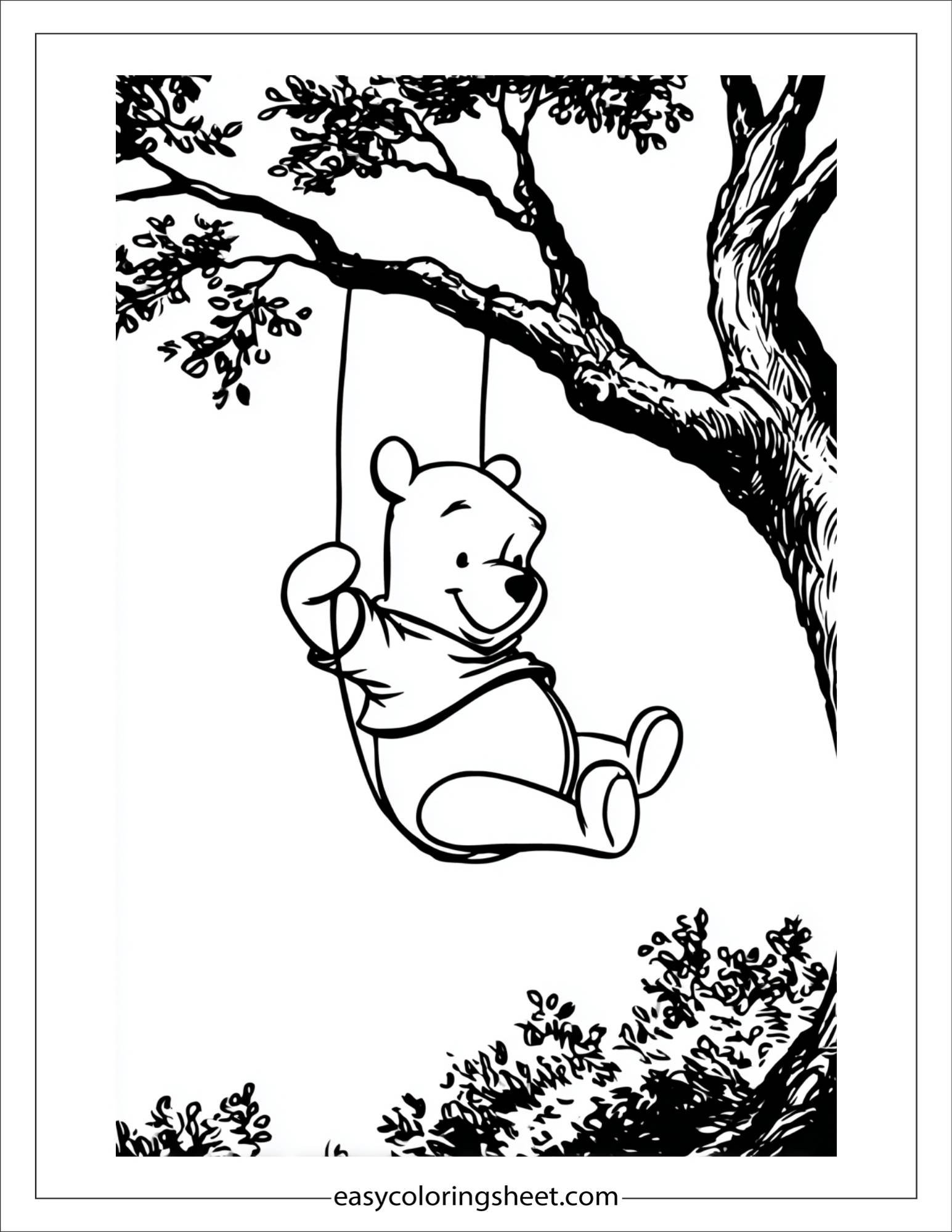 Winnie-the-Pooh swinging on branch