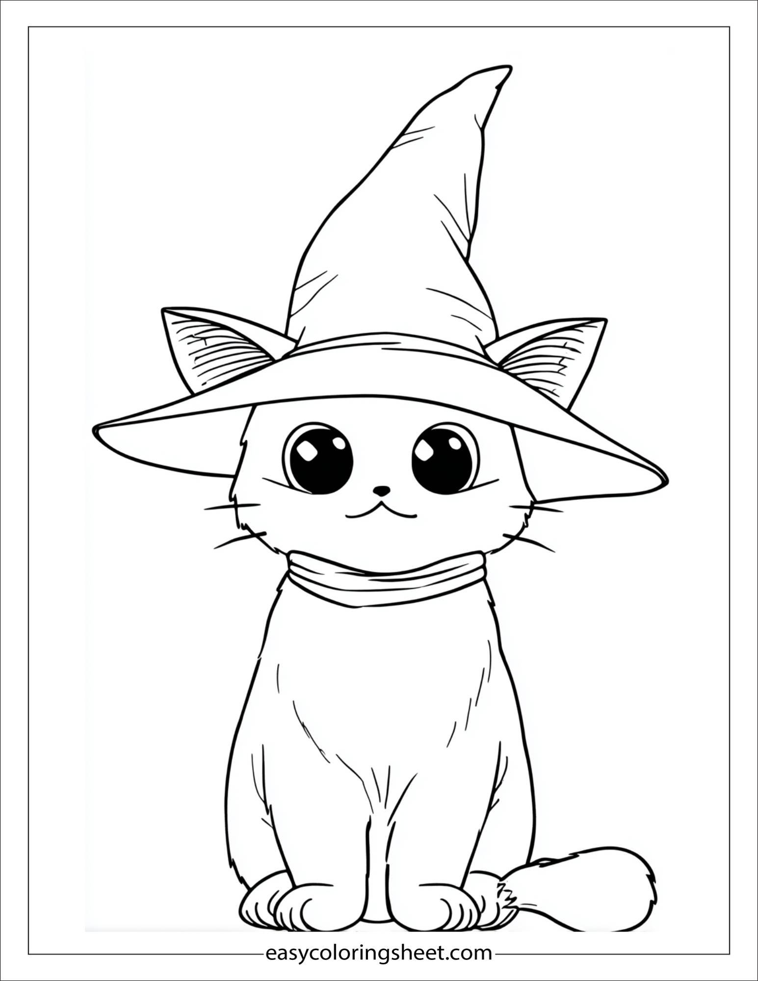 At Halloween, black cat hiding in a witch’s hat