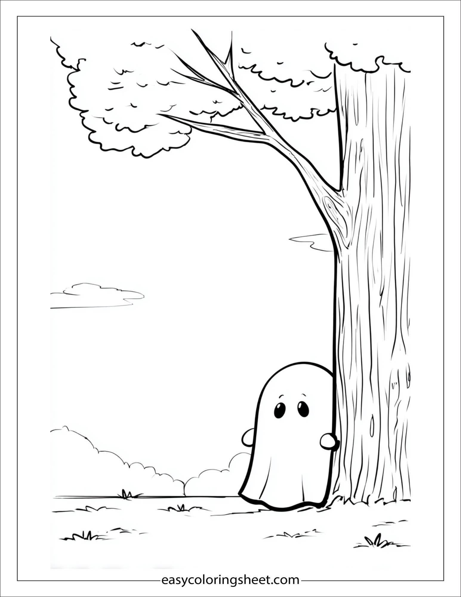 At Halloween, ghost peeking from behind a tree