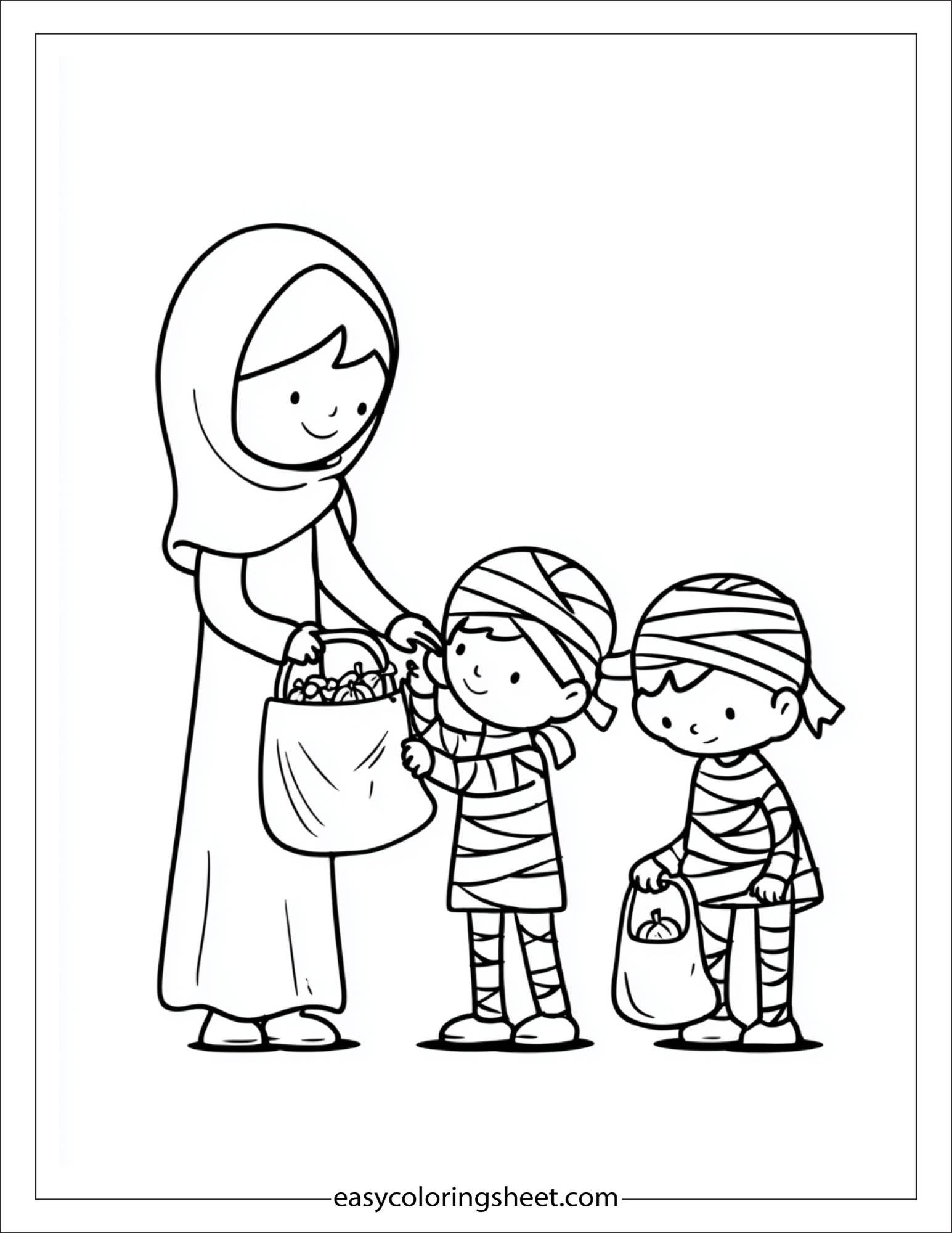 At Halloween, mummy handing out candy