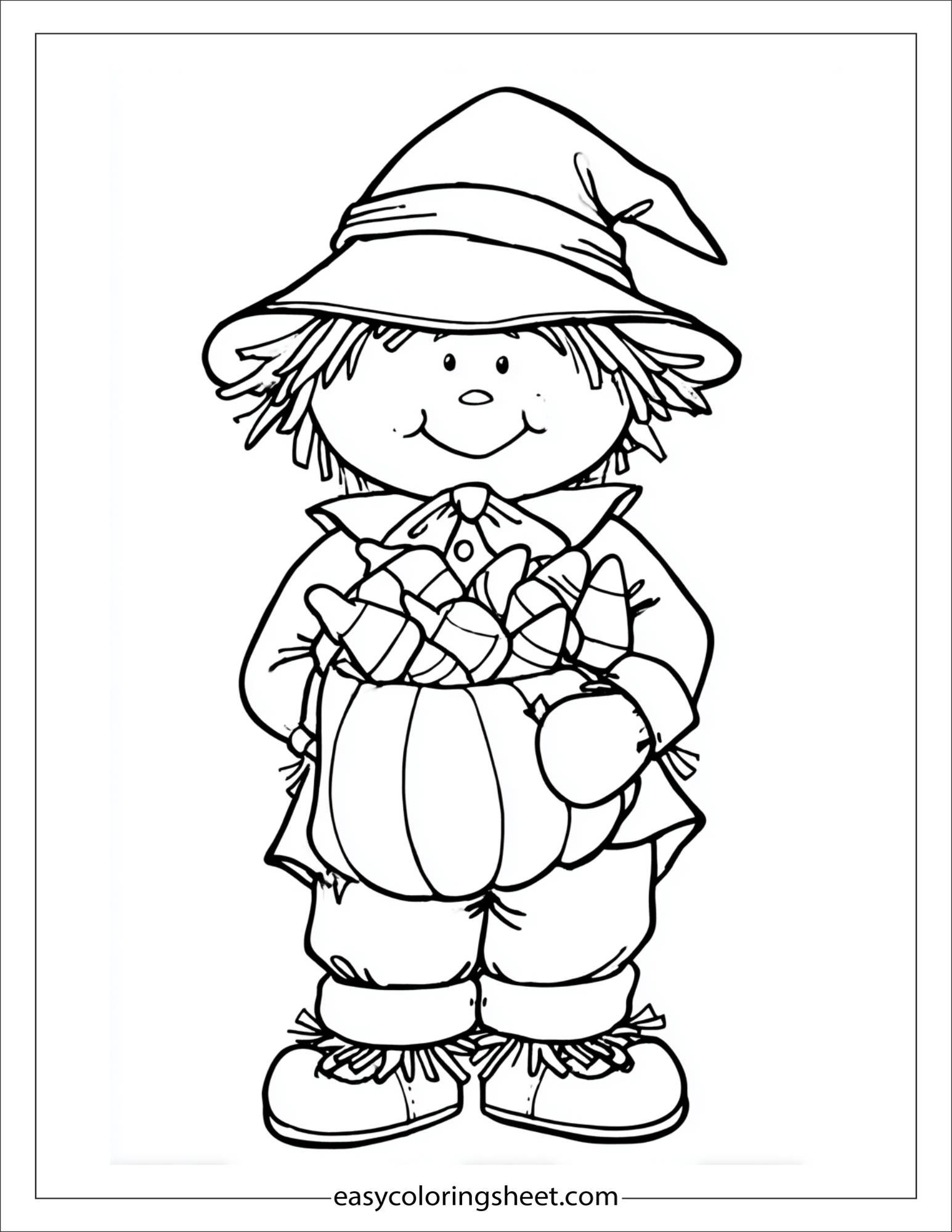 At Halloween, scarecrow eating candy corn