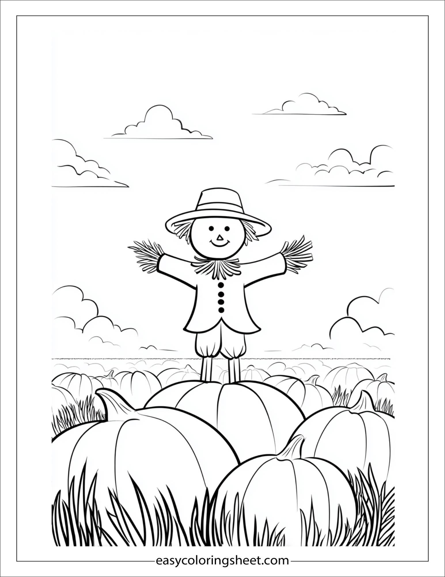 At Halloween, scarecrow waving in a pumpkin field