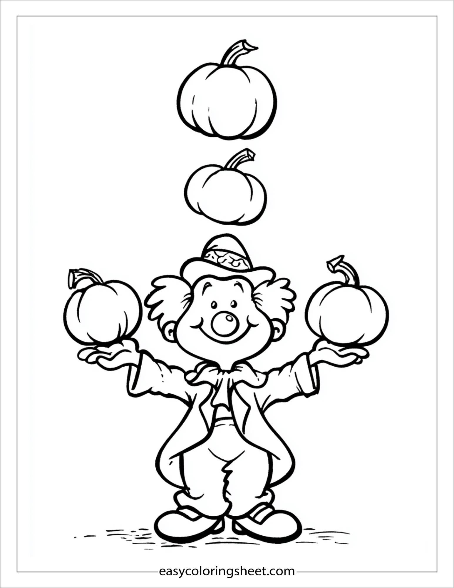 At Halloween, spooky clown juggling pumpkins