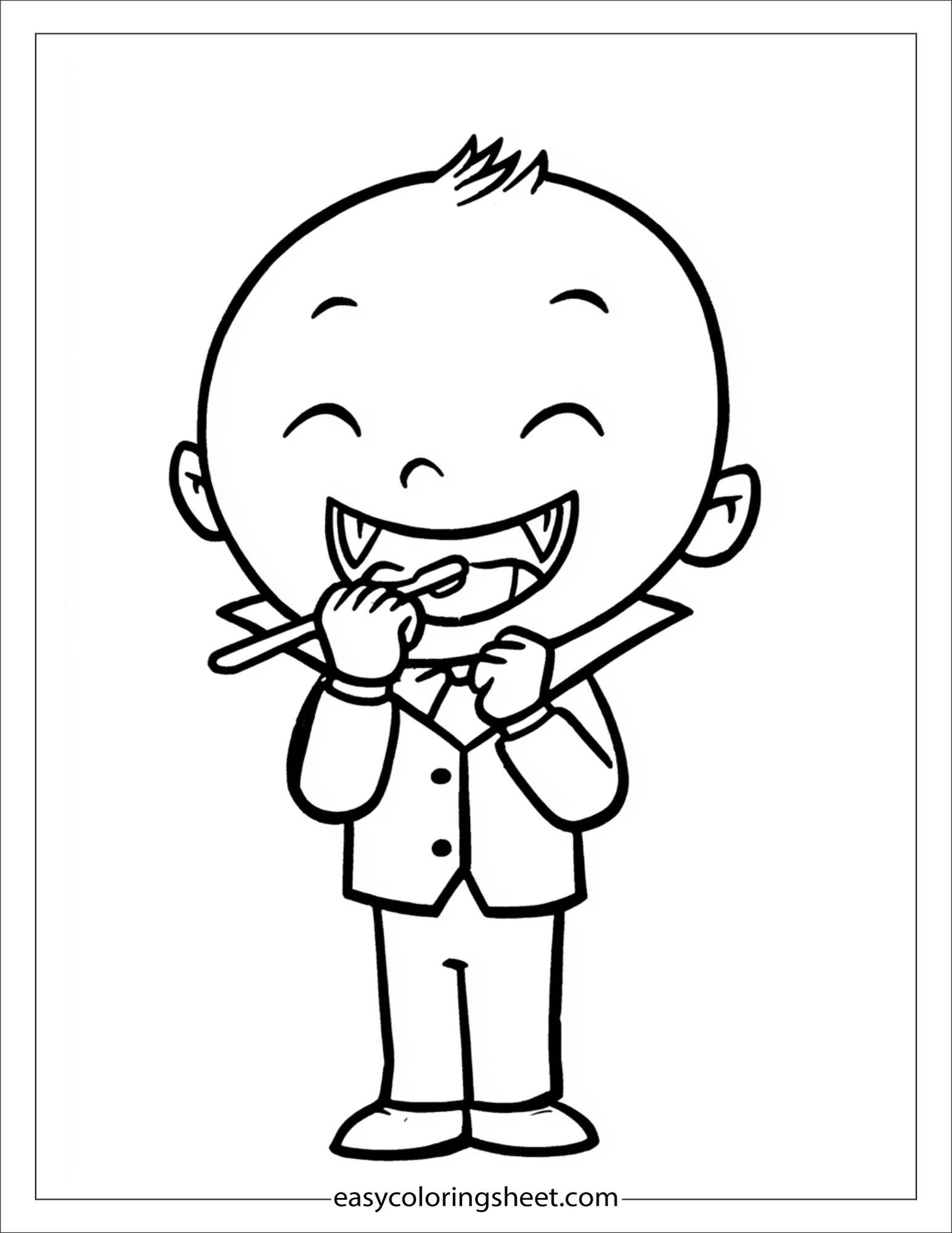 At Halloween, vampire brushing his fangs