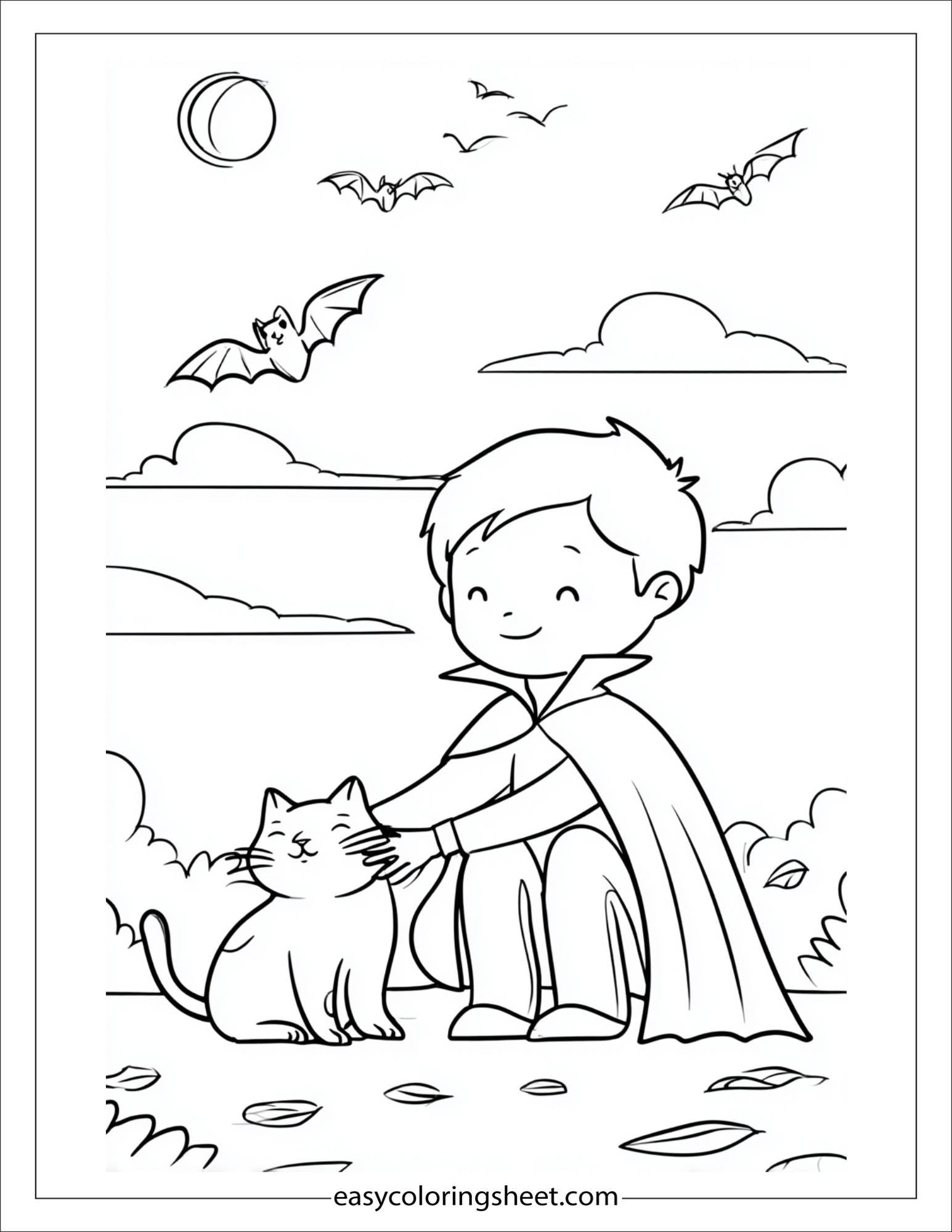 At Halloween, vampire petting a black cat