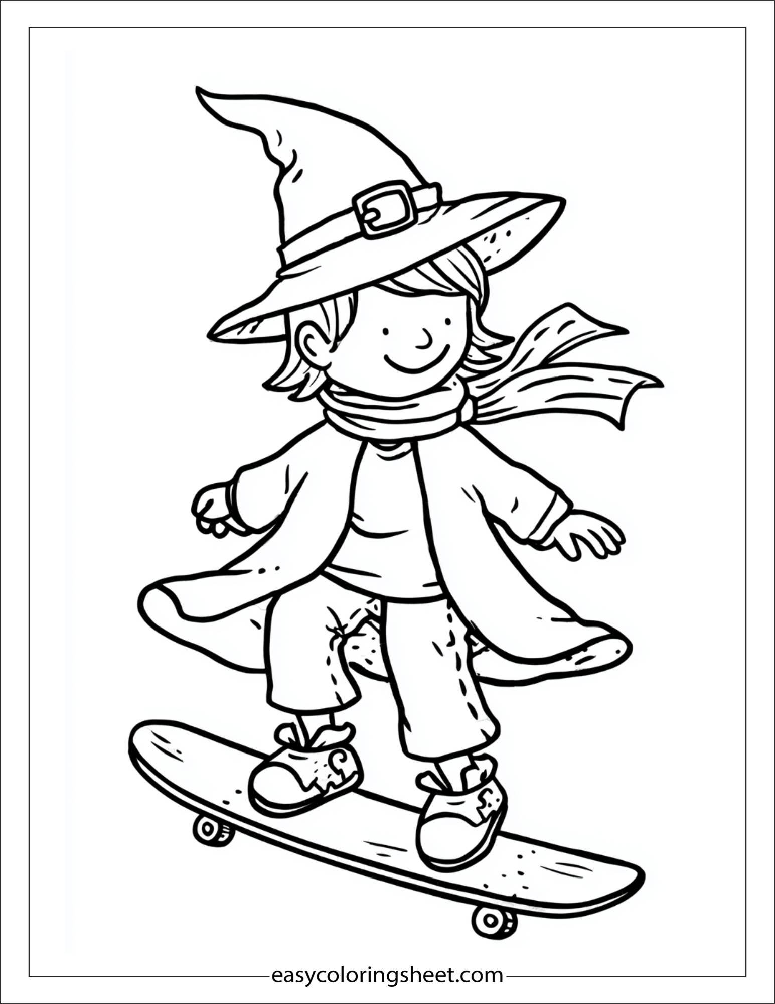 At Halloween, witch riding a skateboard