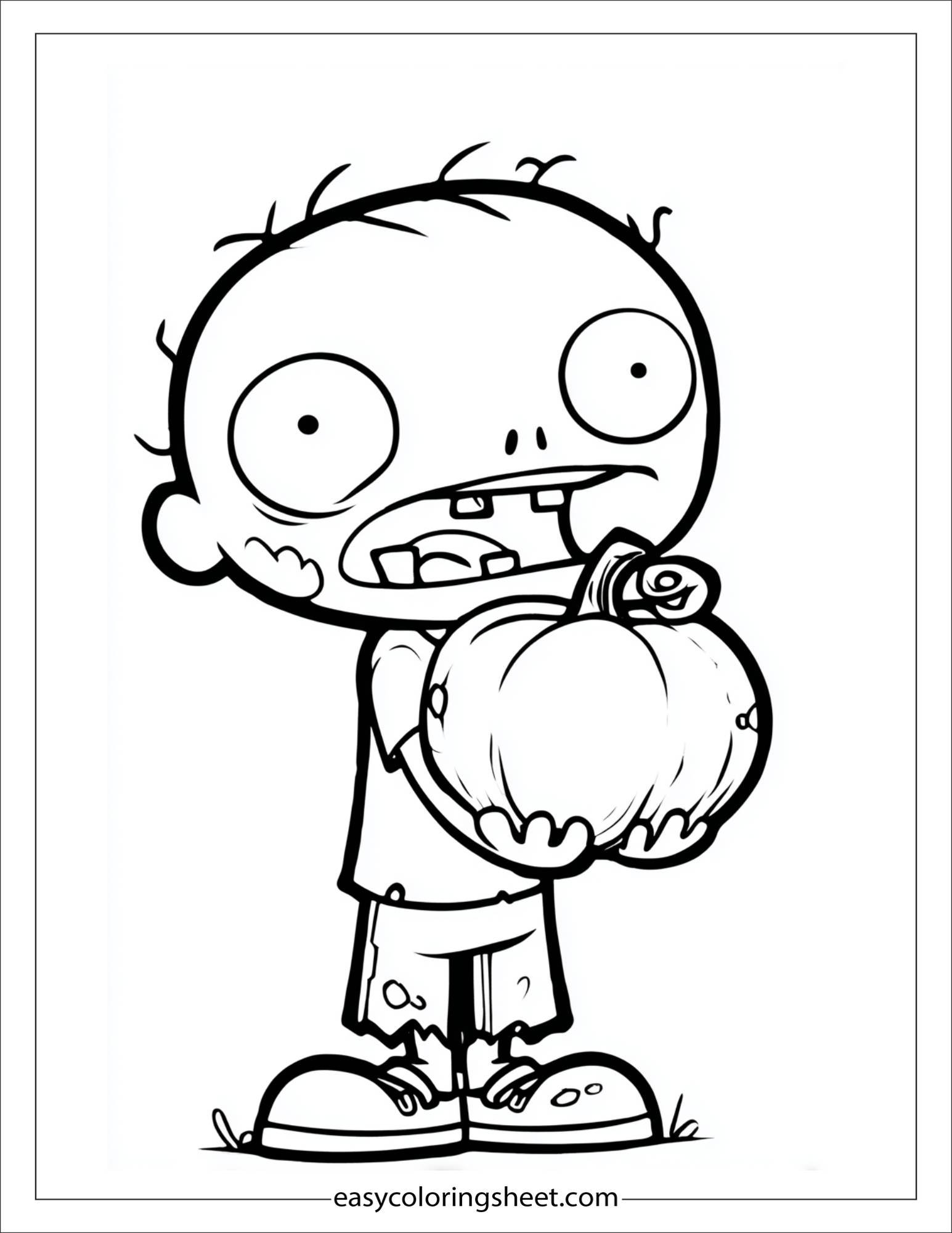 At Halloween, zombie playing with a pumpkin