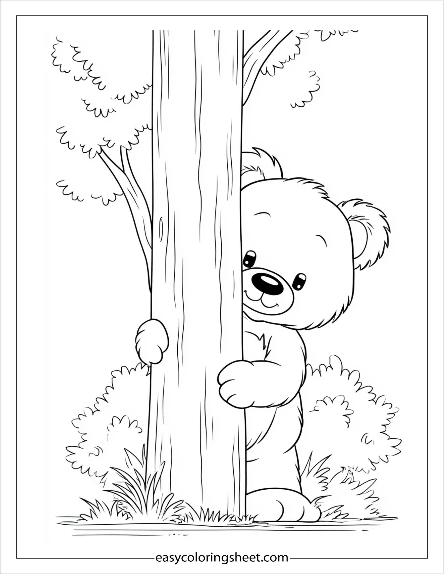 Bear hiding behind a tree