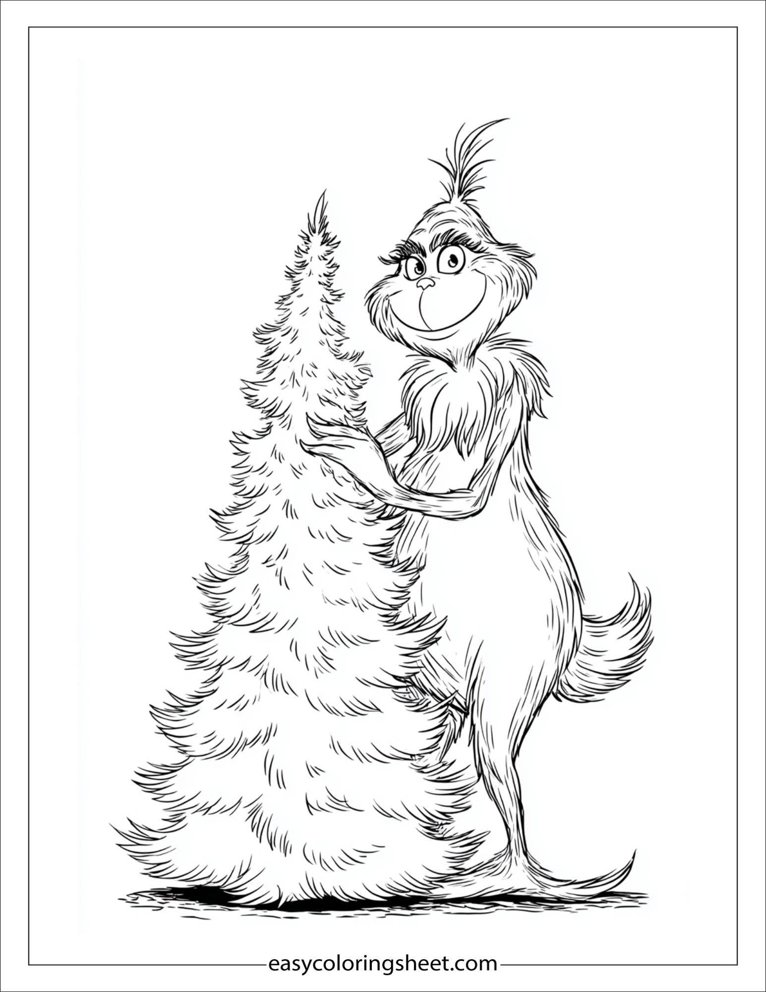 Grinch decorating a Christmas tree