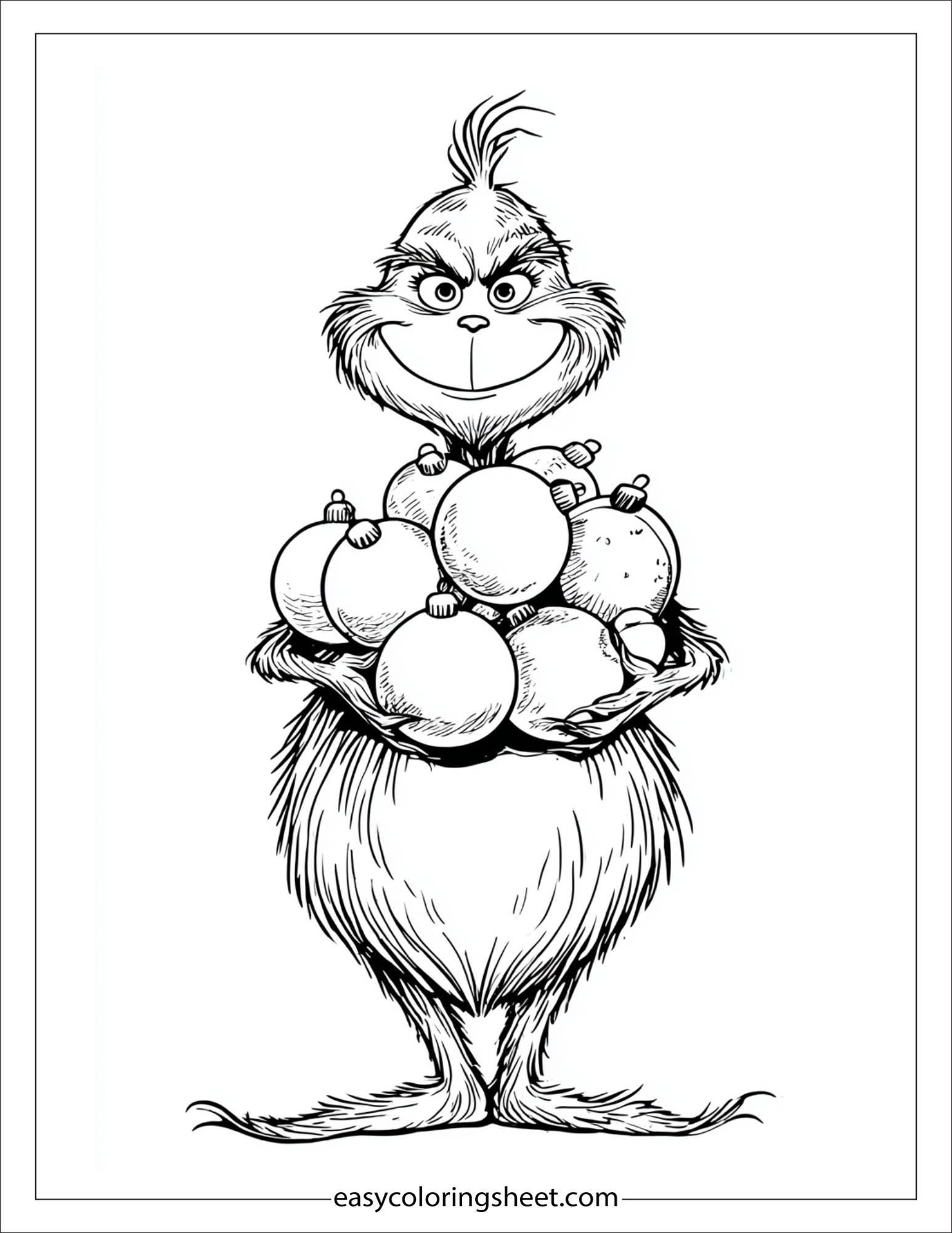 Grinch holding ornaments