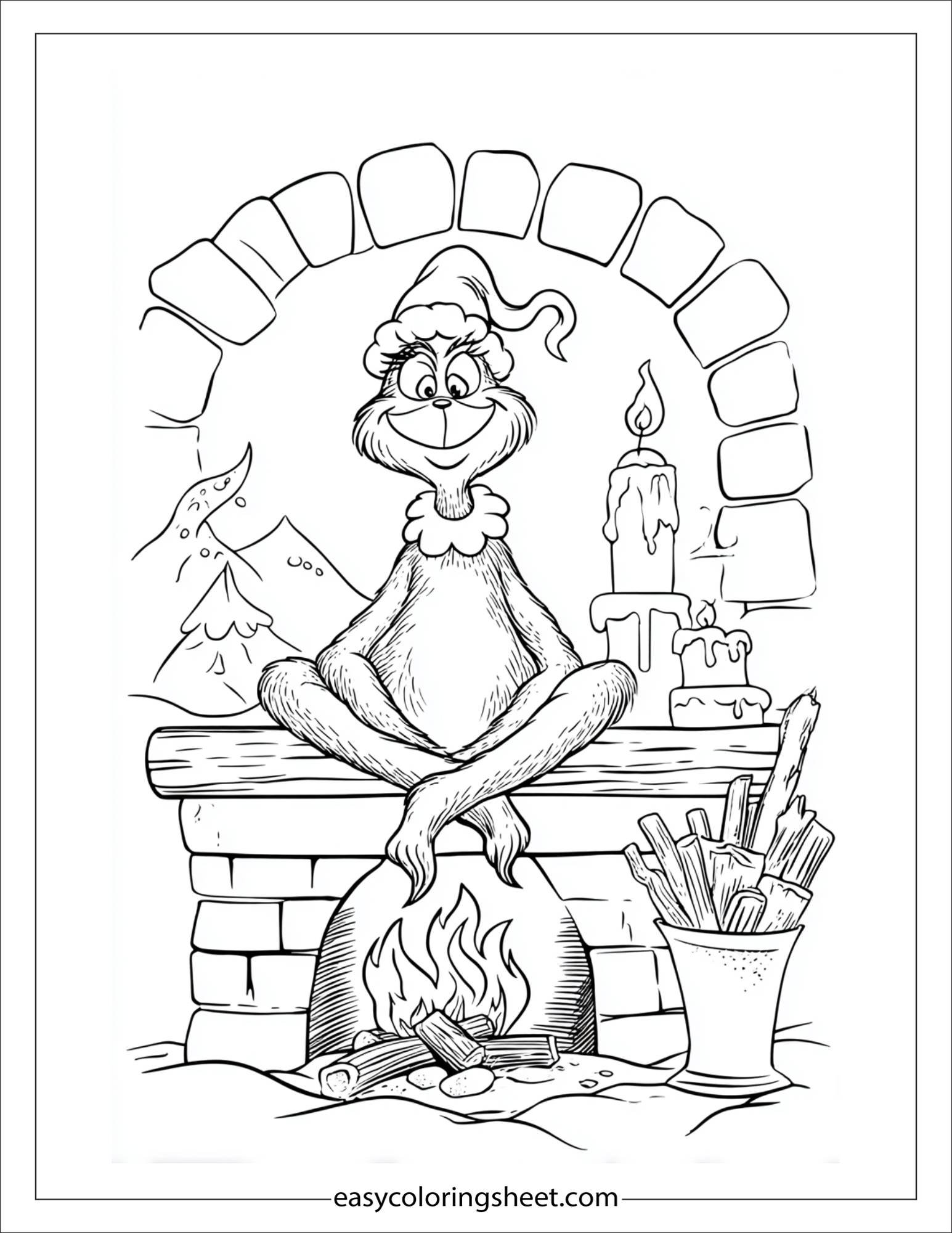 Grinch sitting by the fire
