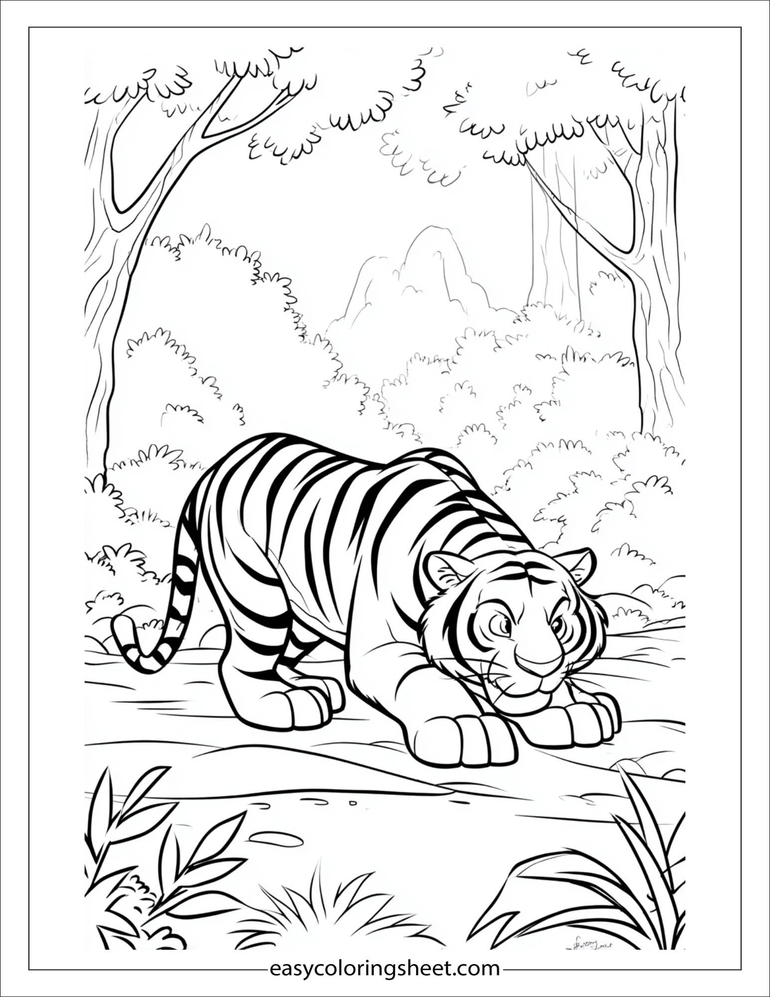 Sher Khan, the tiger, crouching to pounce