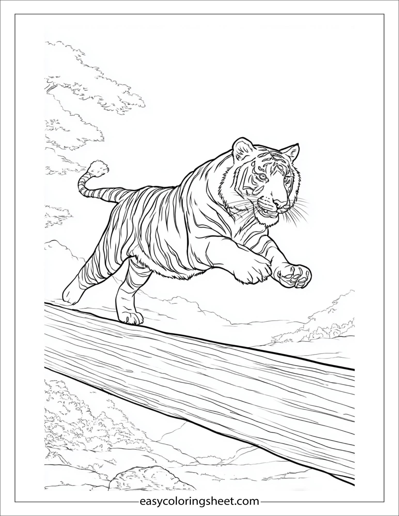Sher Khan, the tiger, leaping over log