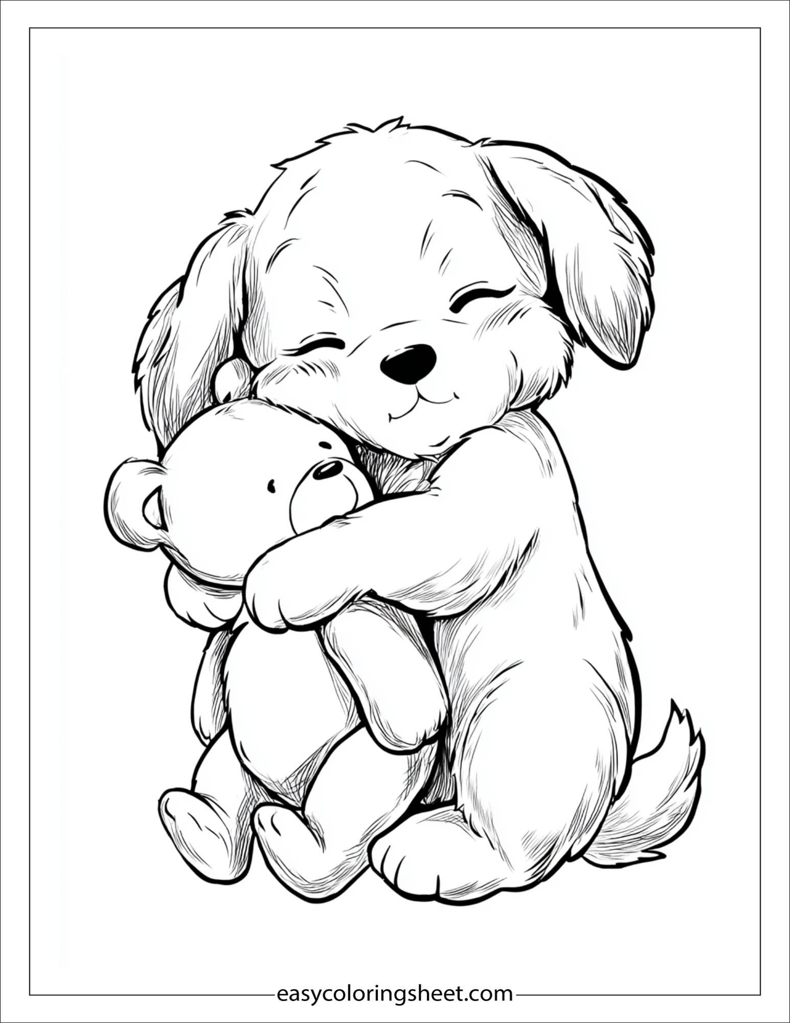 Sweet puppy hugging a teddy bear