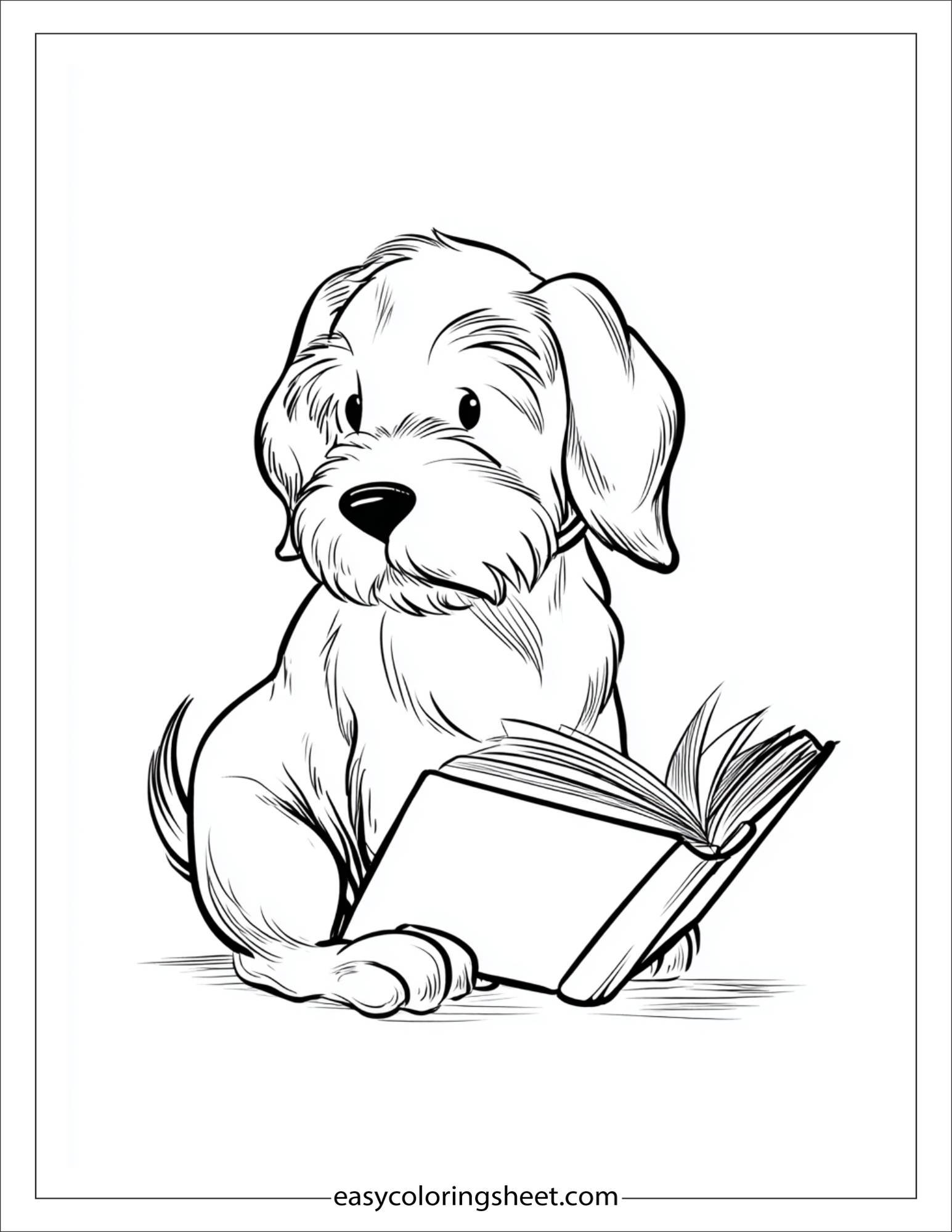 Sweet puppy reading a book