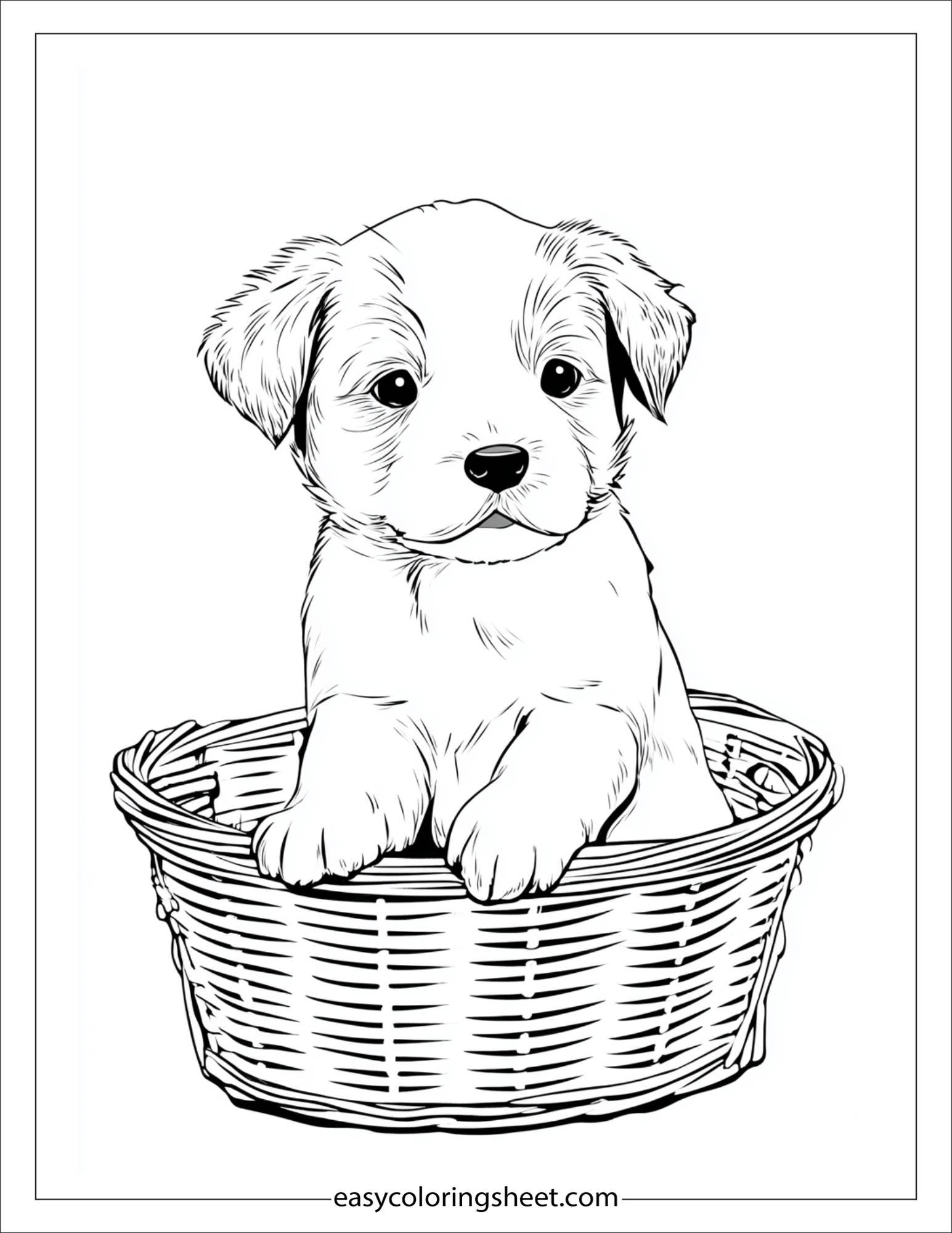 Sweet puppy sitting in a basket