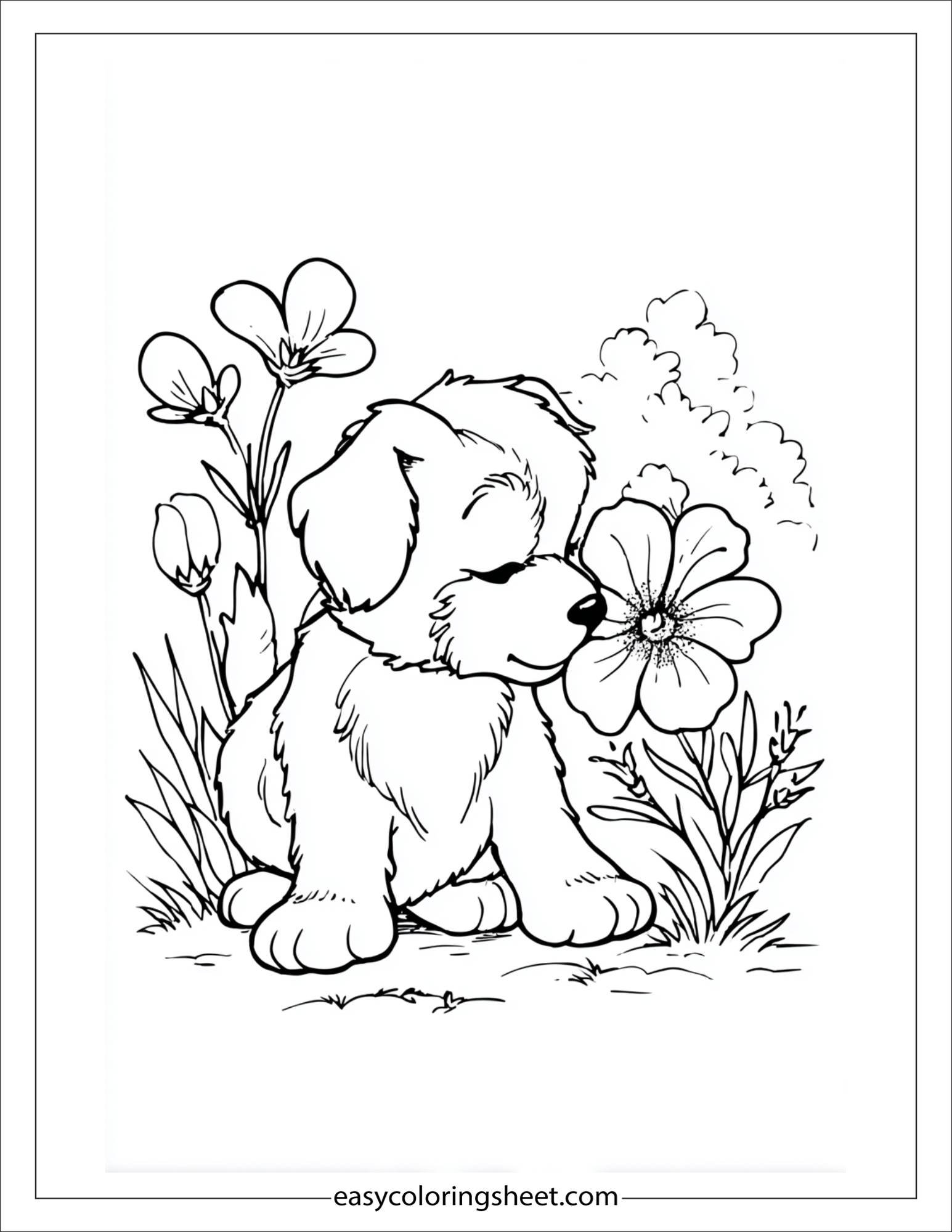 Sweet puppy sniffing a flower