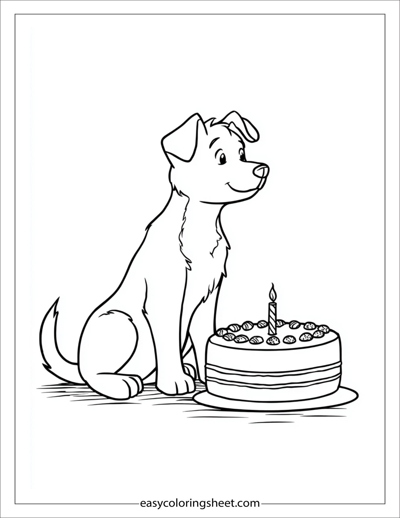 caring dog beside a birthday cake