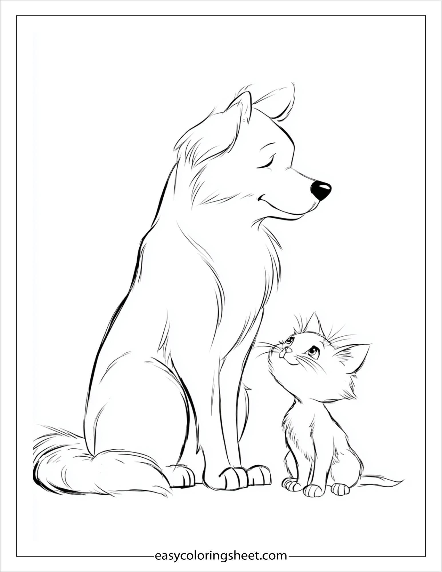 caring dog guarding a kitten