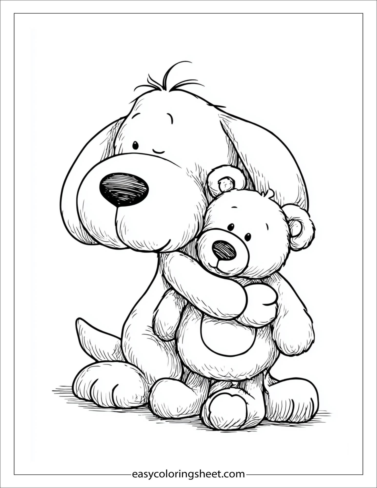 caring dog hugging a teddy bear