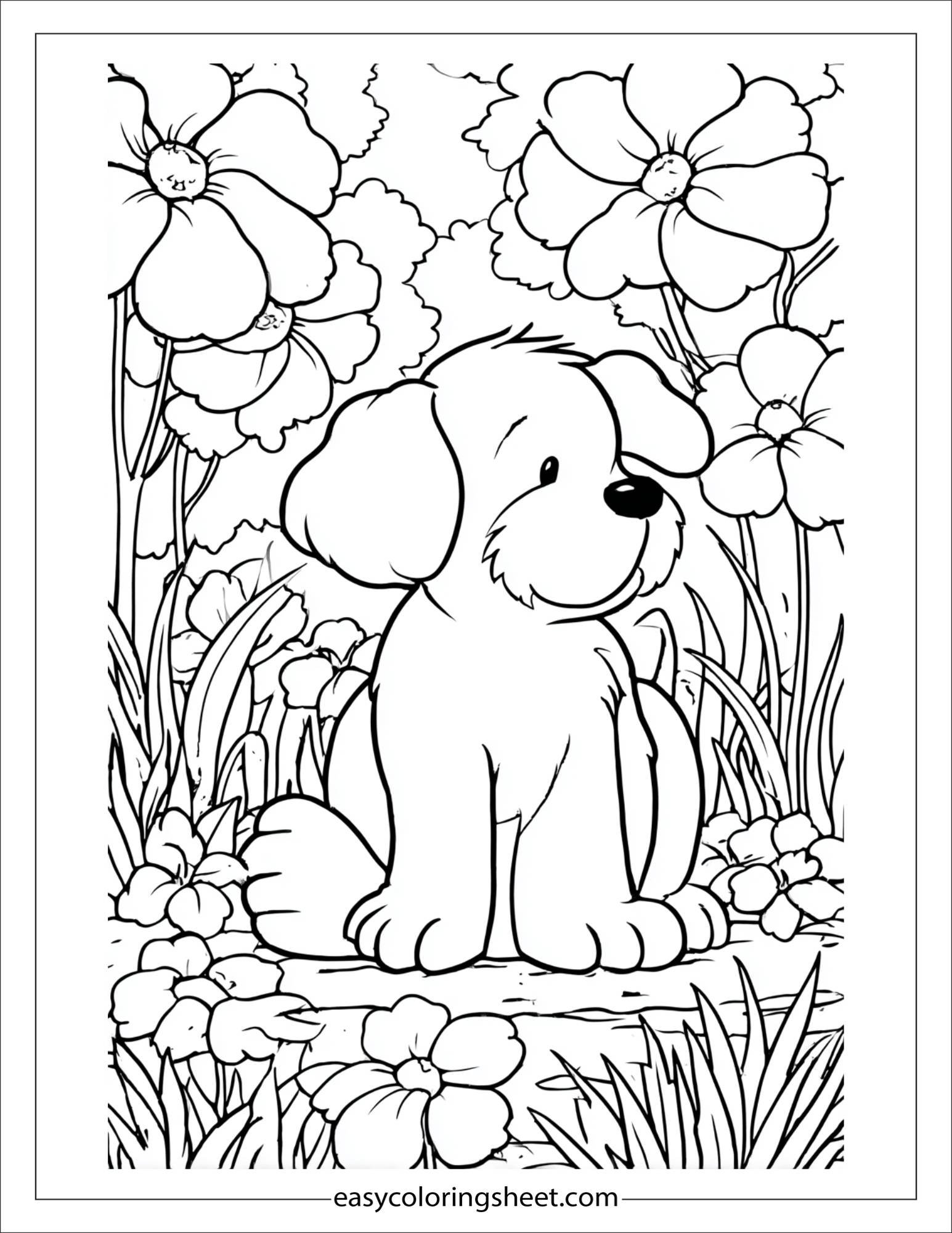 caring dog in a flower garden