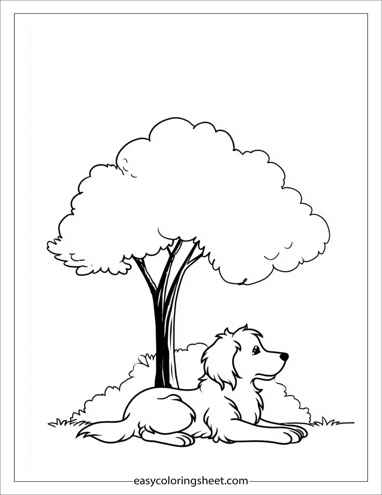 caring dog resting under a tree