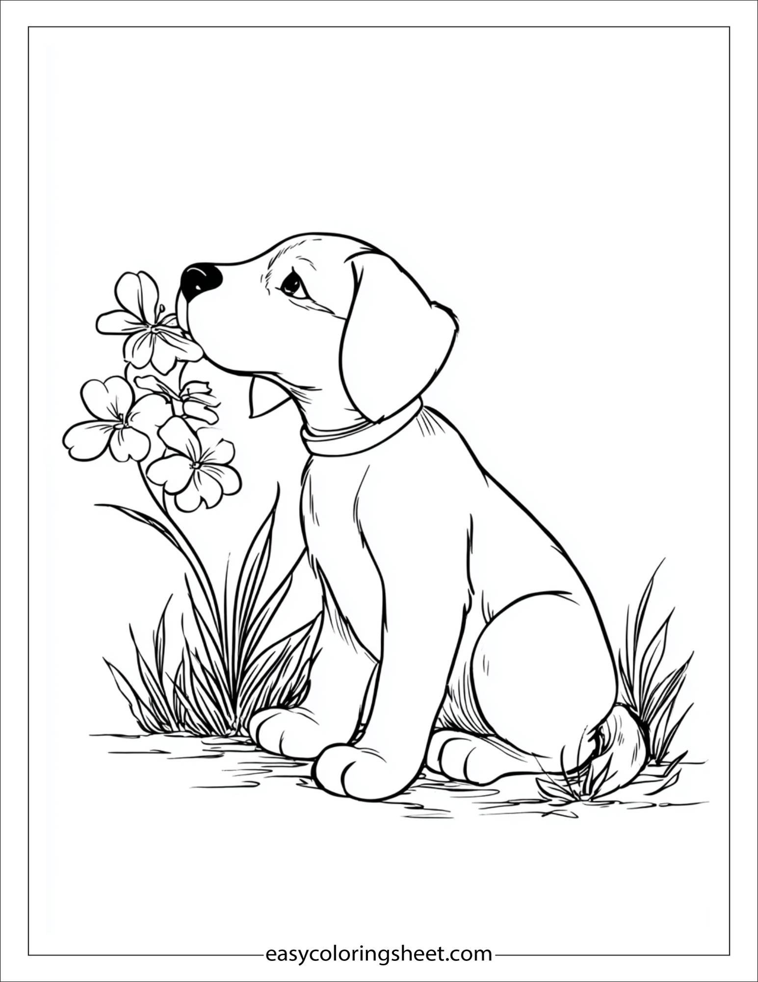 caring dog sniffing flowers