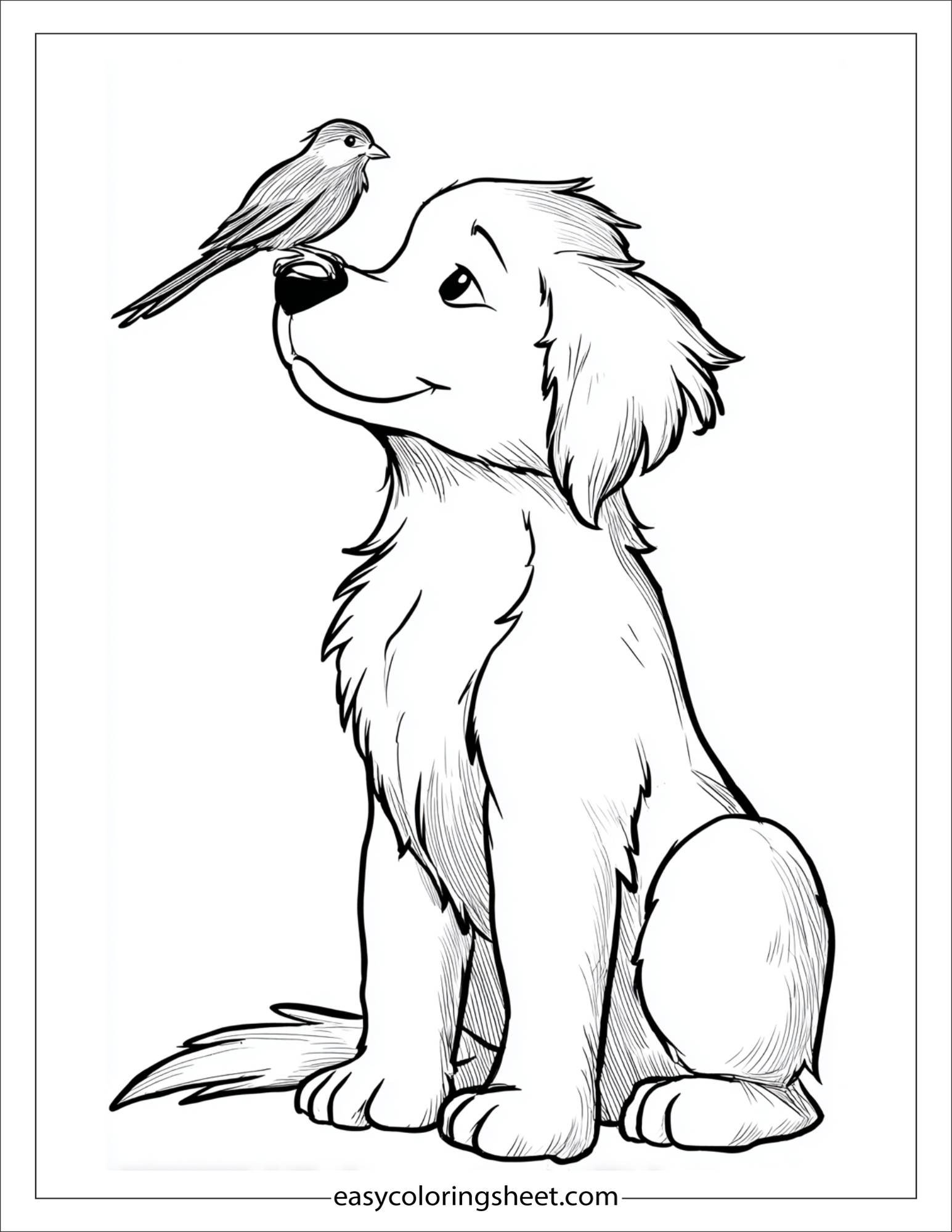 caring dog with a bird on nose