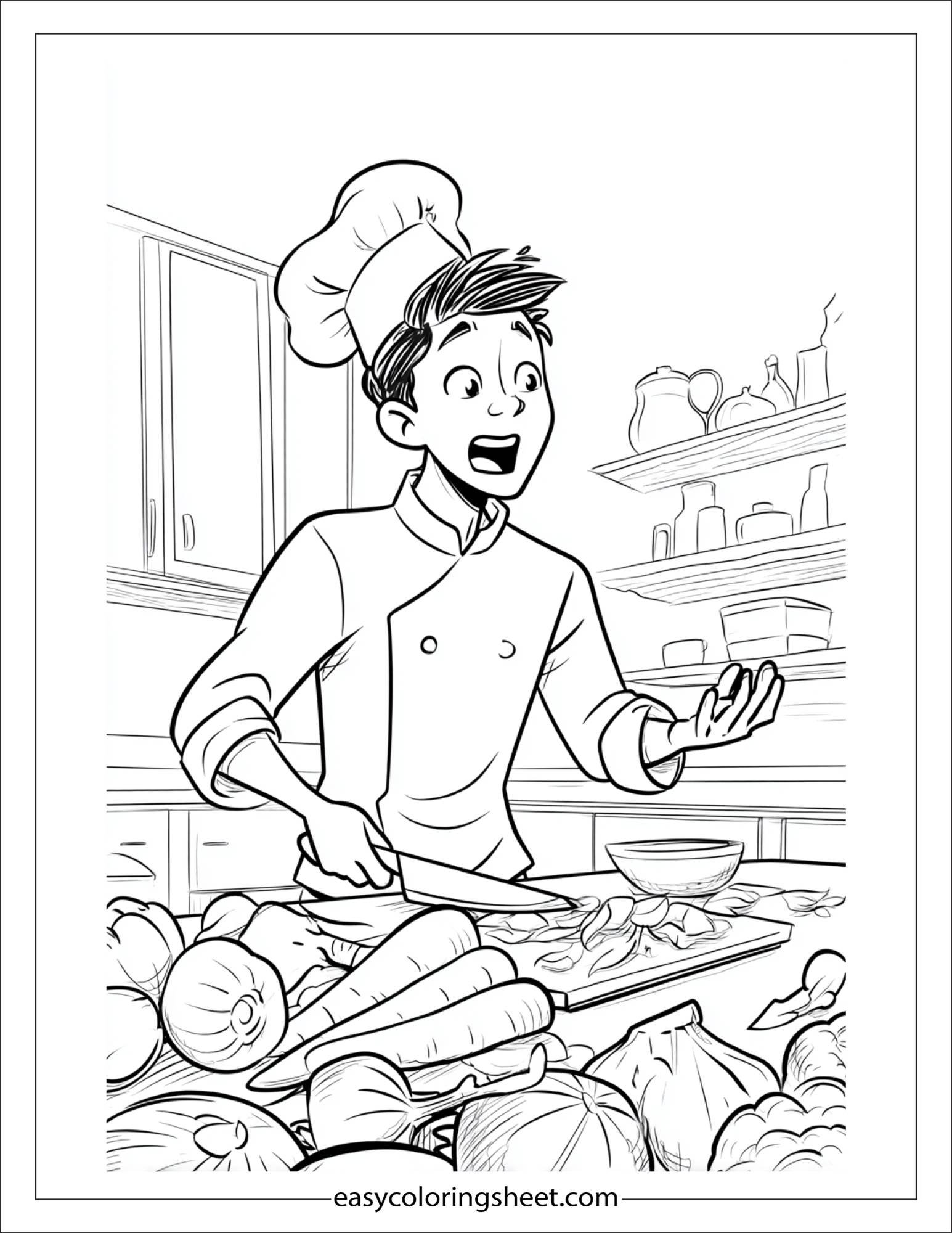 excited chef chopping vegetables