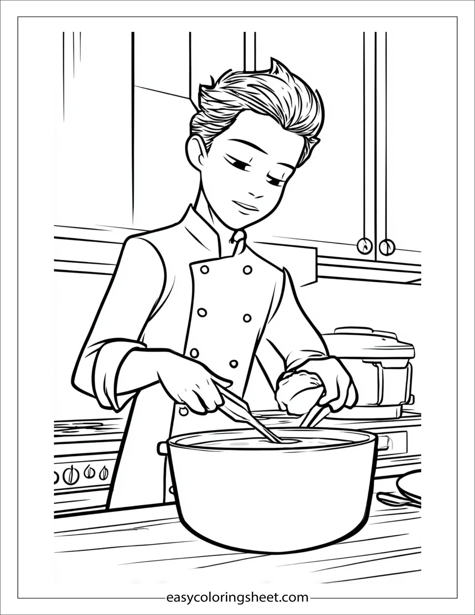 focused chef stirring soup