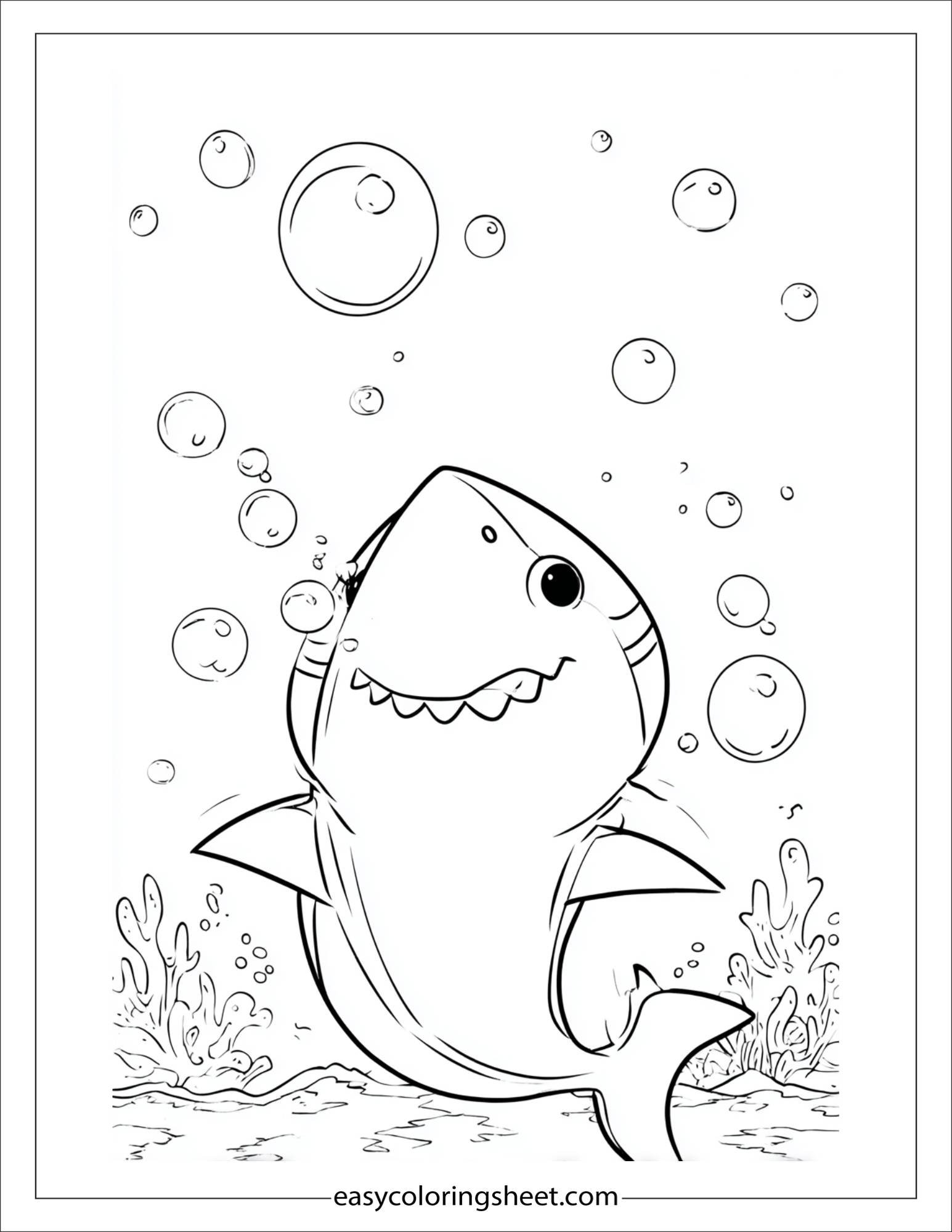kids coloring sheet of Shark blowing bubbles