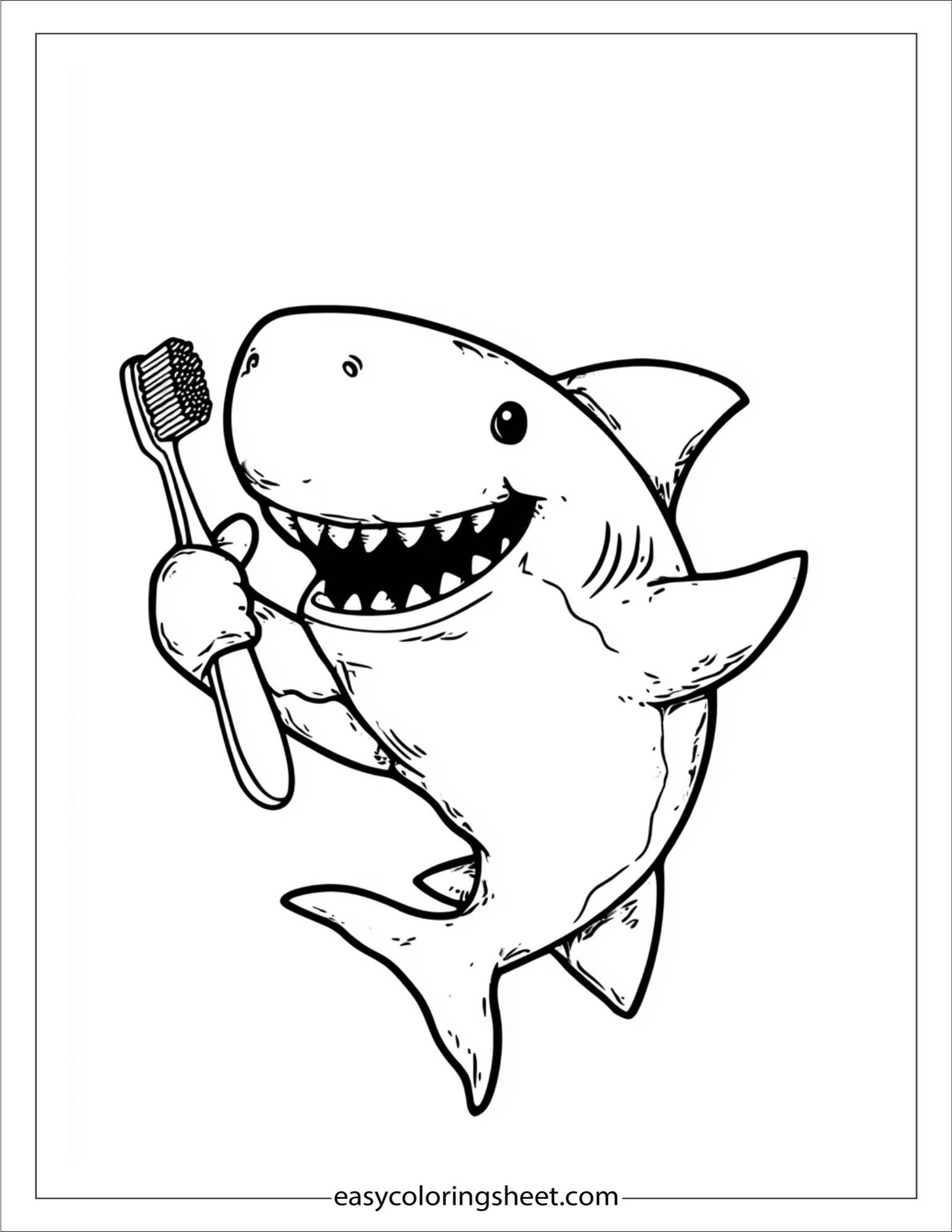 kids coloring sheet of Shark brushing its teeth