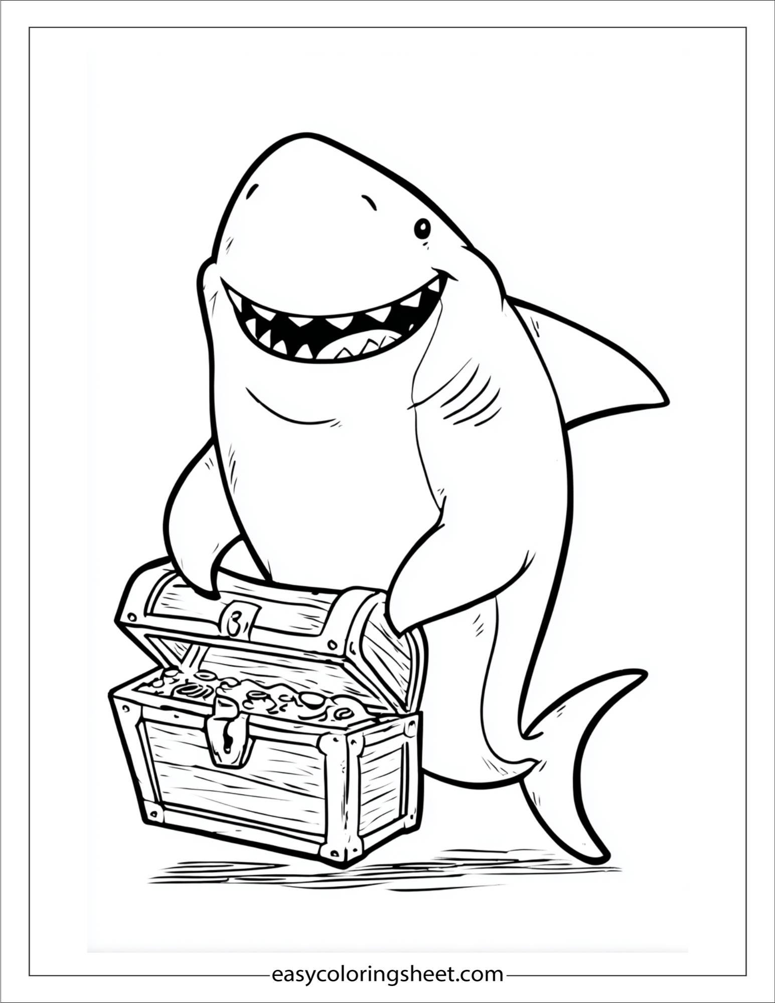 kids coloring sheet of Shark carrying a treasure chest