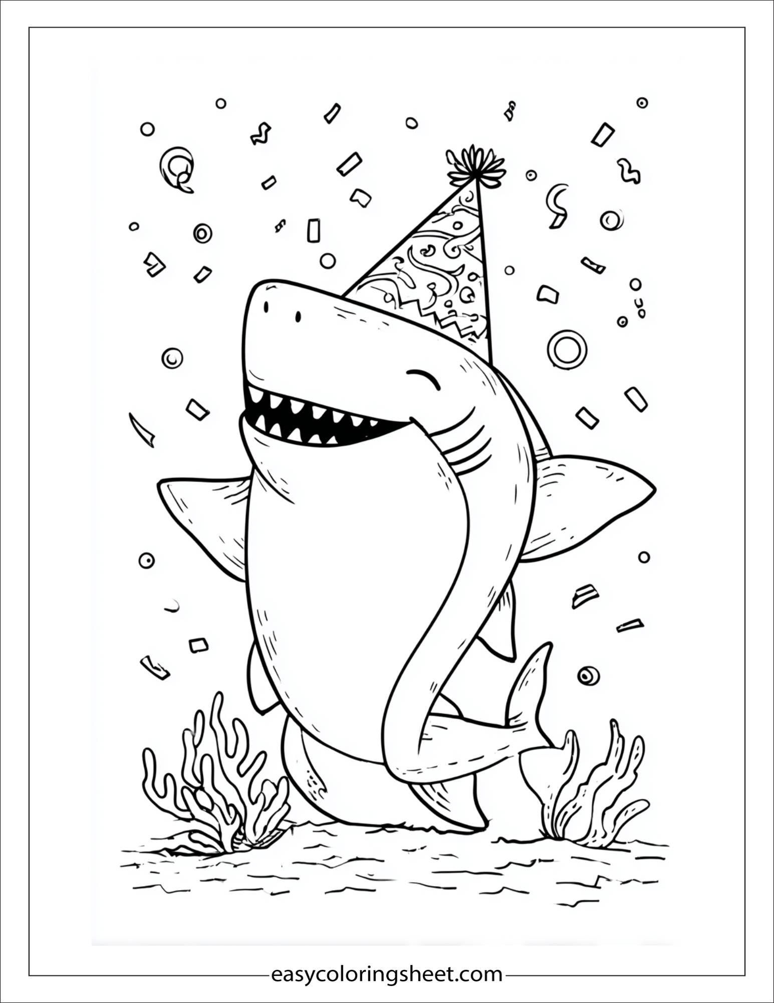 kids coloring sheet of Shark celebrating a birthday